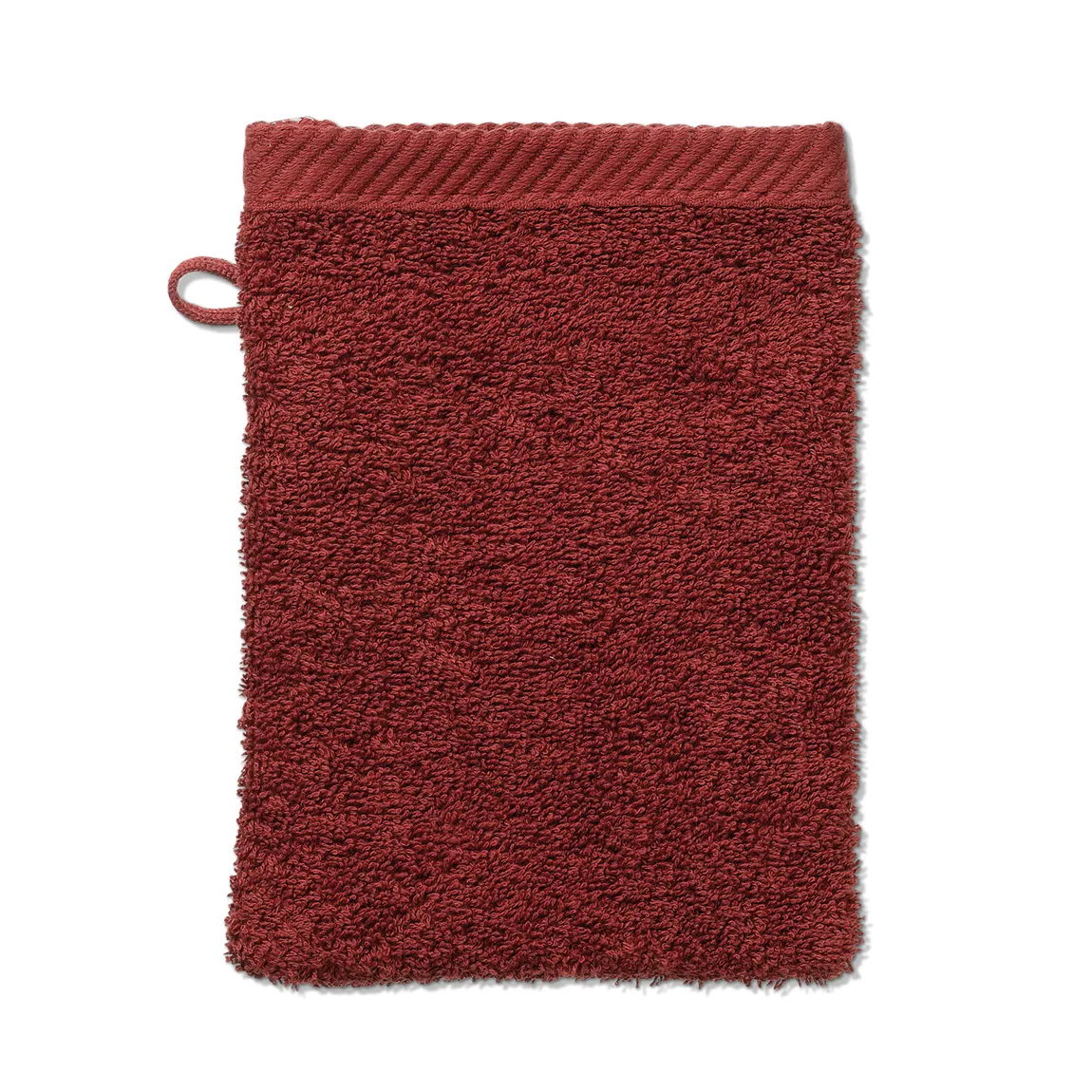 Rotes Waschlappen Frottee Handtuch Rotes Waschlappen aus Frottee-Stoff mit Aufhängeschlaufe und gestreiftem Saum
