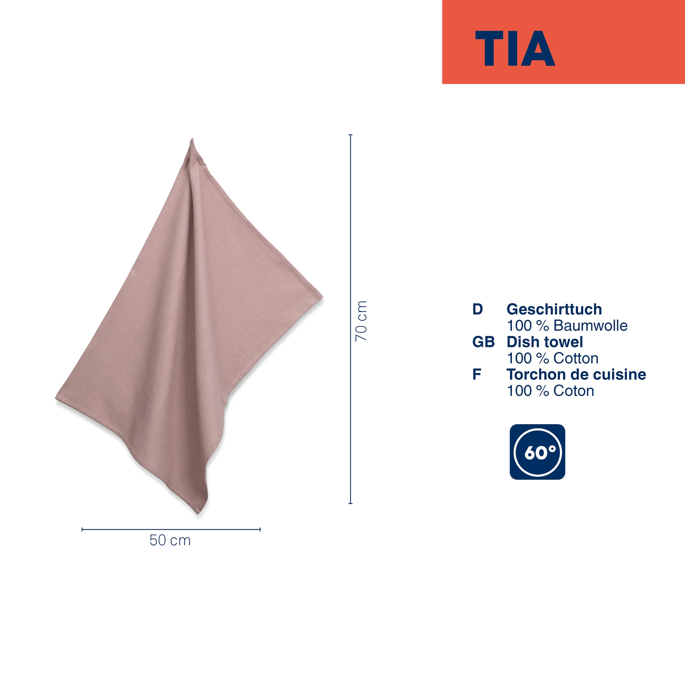 Geschirrtuch Baumwolle 50x70 cm rosa Rosa Baumwoll-Geschirrtuch mit Größenangabe 50 cm × 70 cm und Waschanleitung 60°C