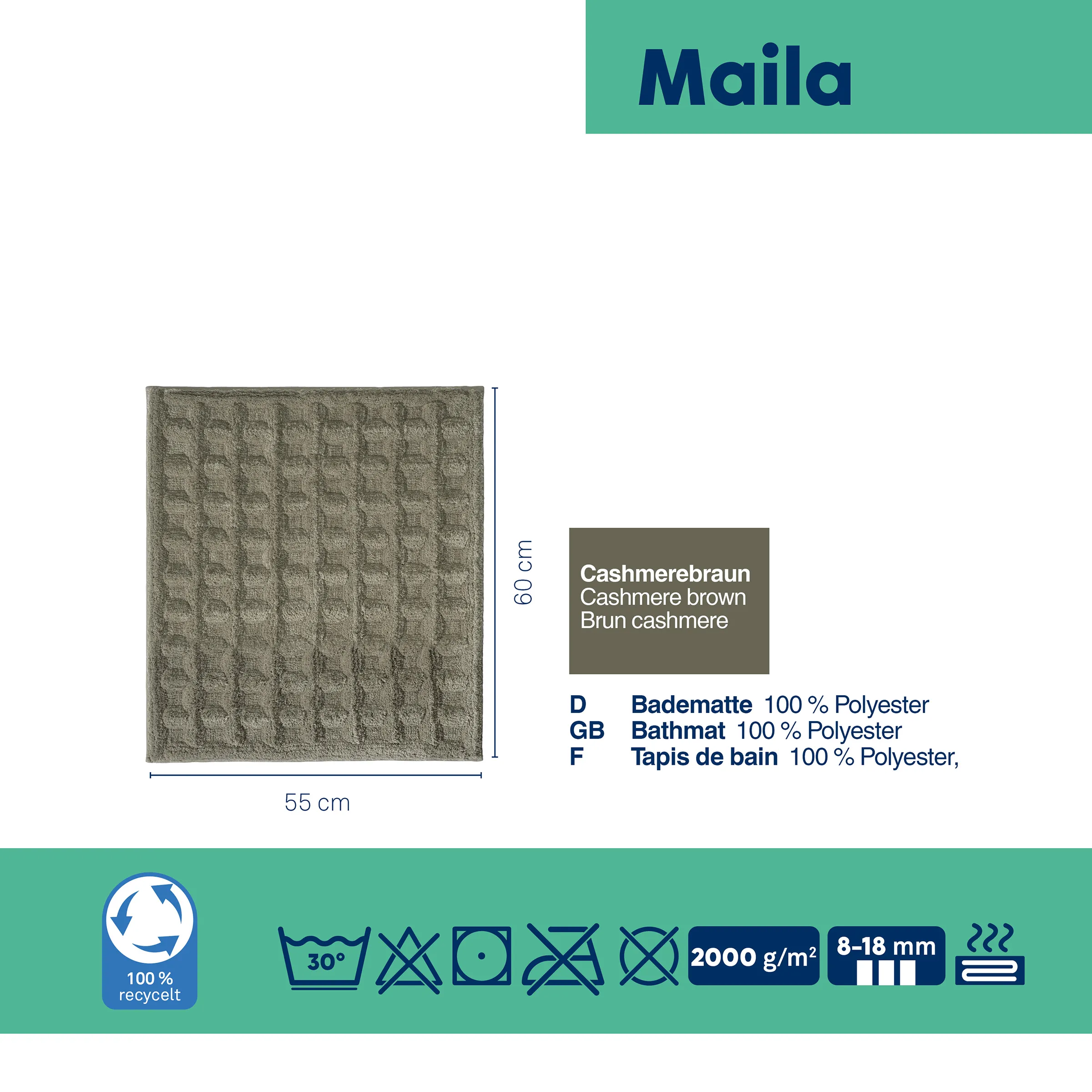Maila Badematte Cashmerebraun - 100% Polyester Badezimmerteppich Maila Badematte aus 100% Polyester in Cashmerebraun, 55 cm breit und 60 cm lang mit Waffelmuster