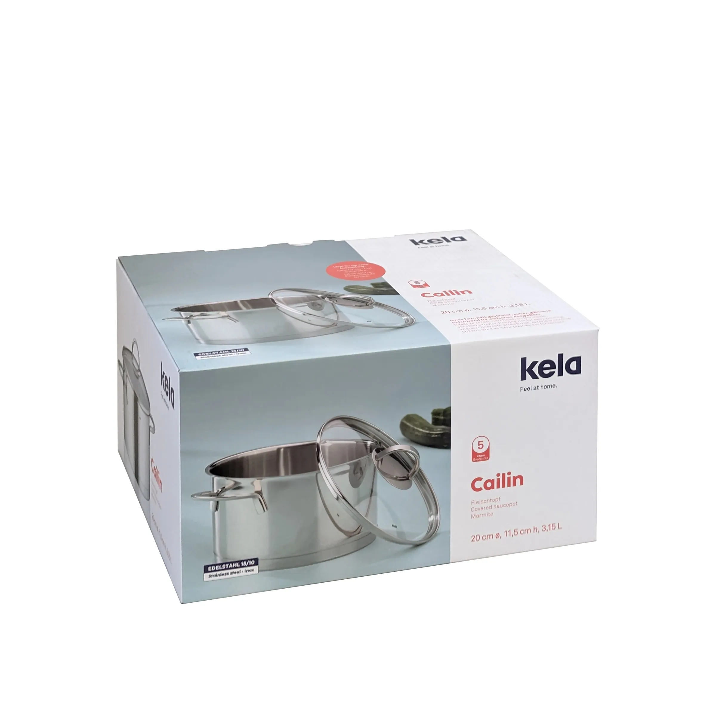 Kela Cailin Fleischtopf Edelstahl mit Glasdeckel 20 cm 3,15 L Kela Cailin Edelstahl-Fleischtopf mit Glasdeckel, 20 cm Durchmesser, 3,15 Liter Fassungsvermögen, Produktverpackung