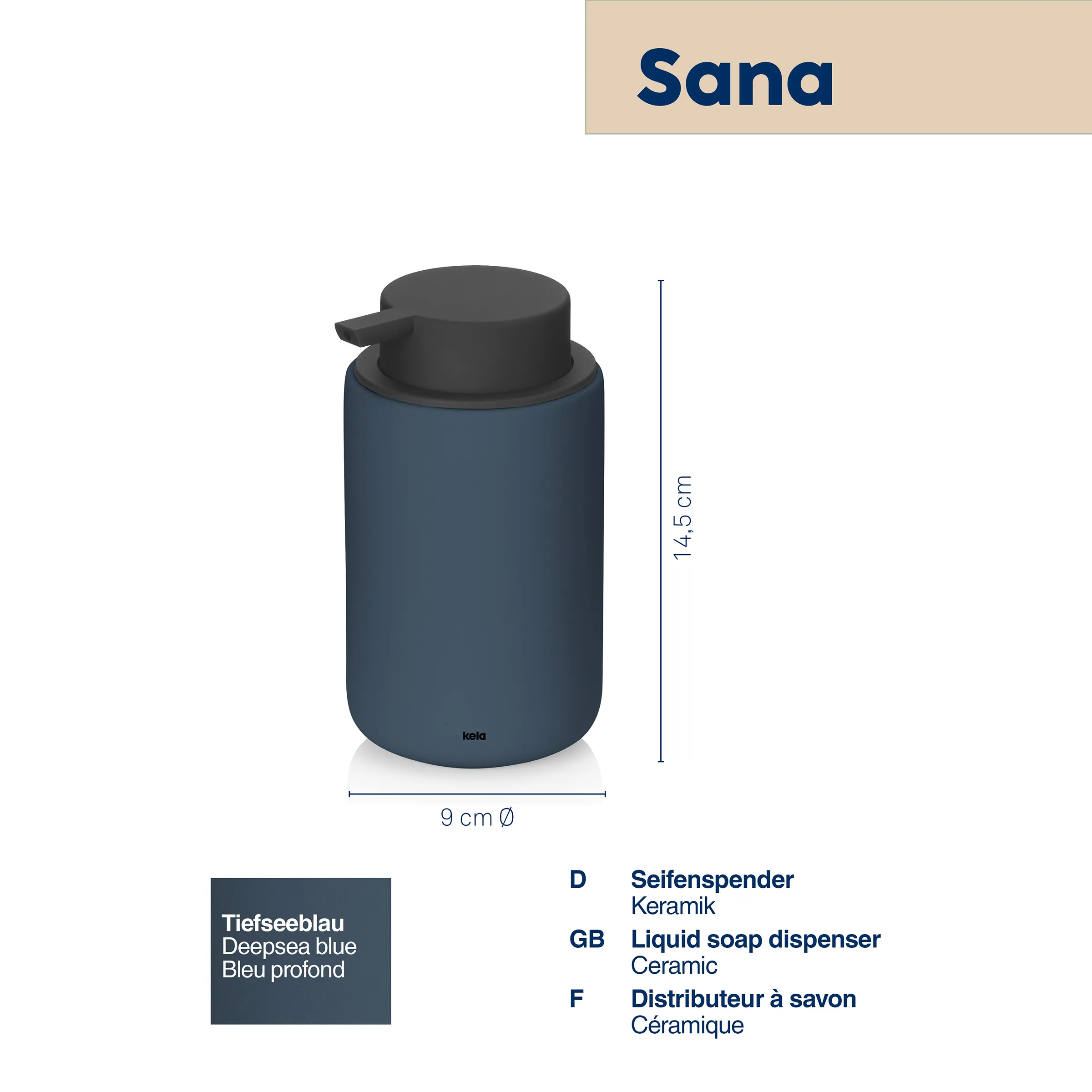 Sana Seifenspender Keramik Tiefseeblau Sana Seifenspender aus Keramik in Tiefseeblau mit schwarzem Pumpaufsatz, 14,5 cm Höhe und 9 cm Durchmesser