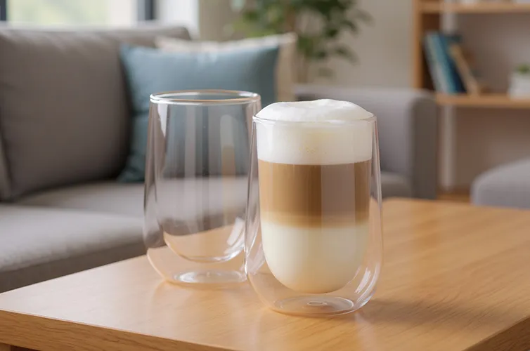 Doppelwandige Thermogläser für Cappuccino und Kaffee Zwei doppelwandige Gläser auf Holztisch, eines leer, eines mit Cappuccino mit Milchschaum, Wohnzimmer im Hintergrund
