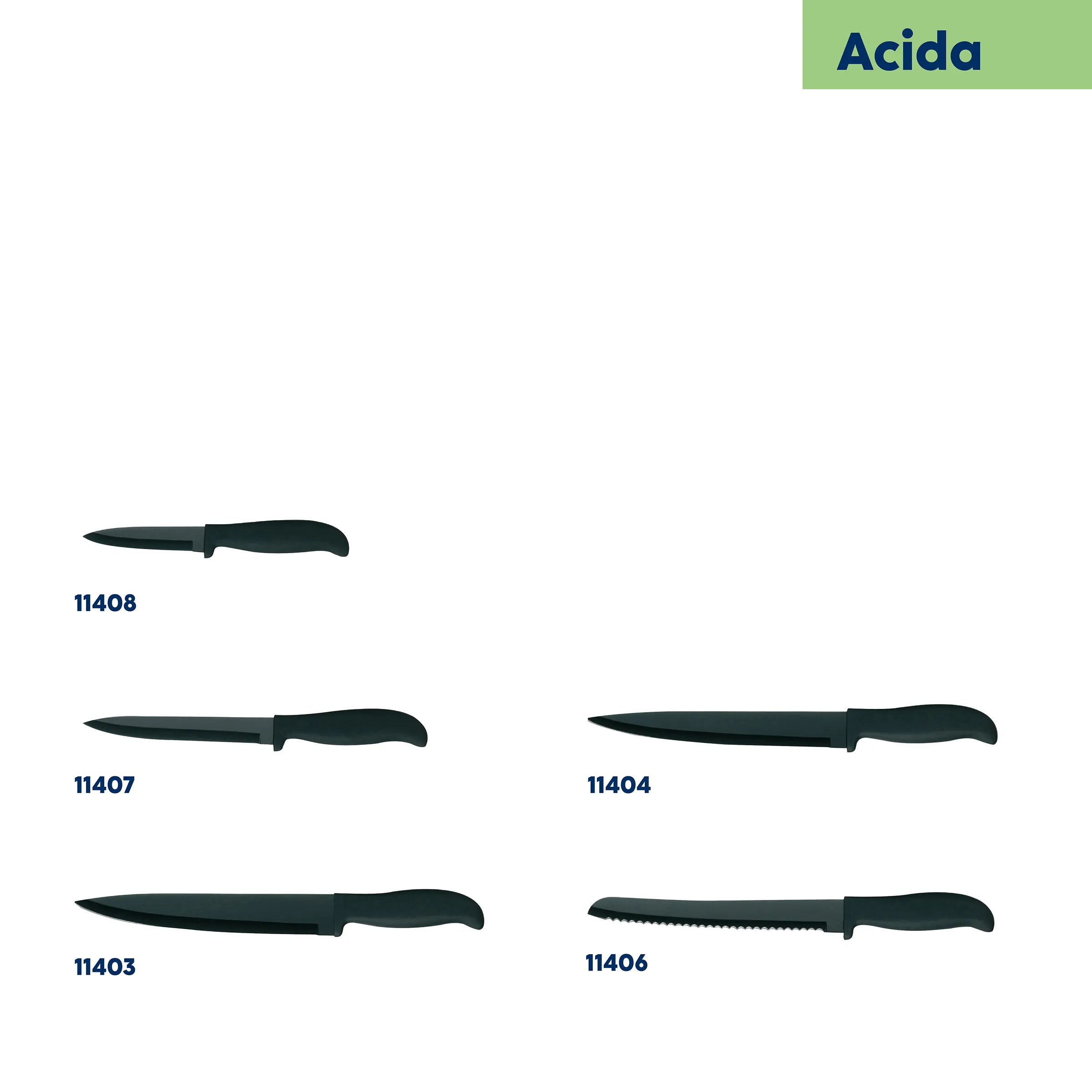 Acida Küchenmesser Set - Professionelle Kochmesser in Schwarz Fünf schwarze Küchenmesser der Acida-Serie mit Modellnummern 11408, 11407, 11404, 11403 und 11406