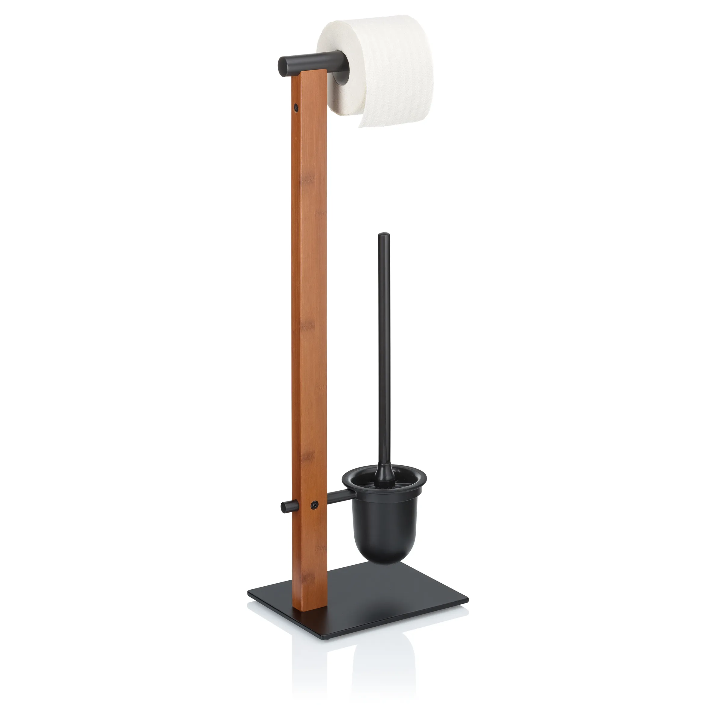 Toilettenbürsten-Set mit Papierrollenhalter Holz Freistehende Toilettenbürste mit Halter aus Holz und Metall, weißer Toilettenpapierrolle oben