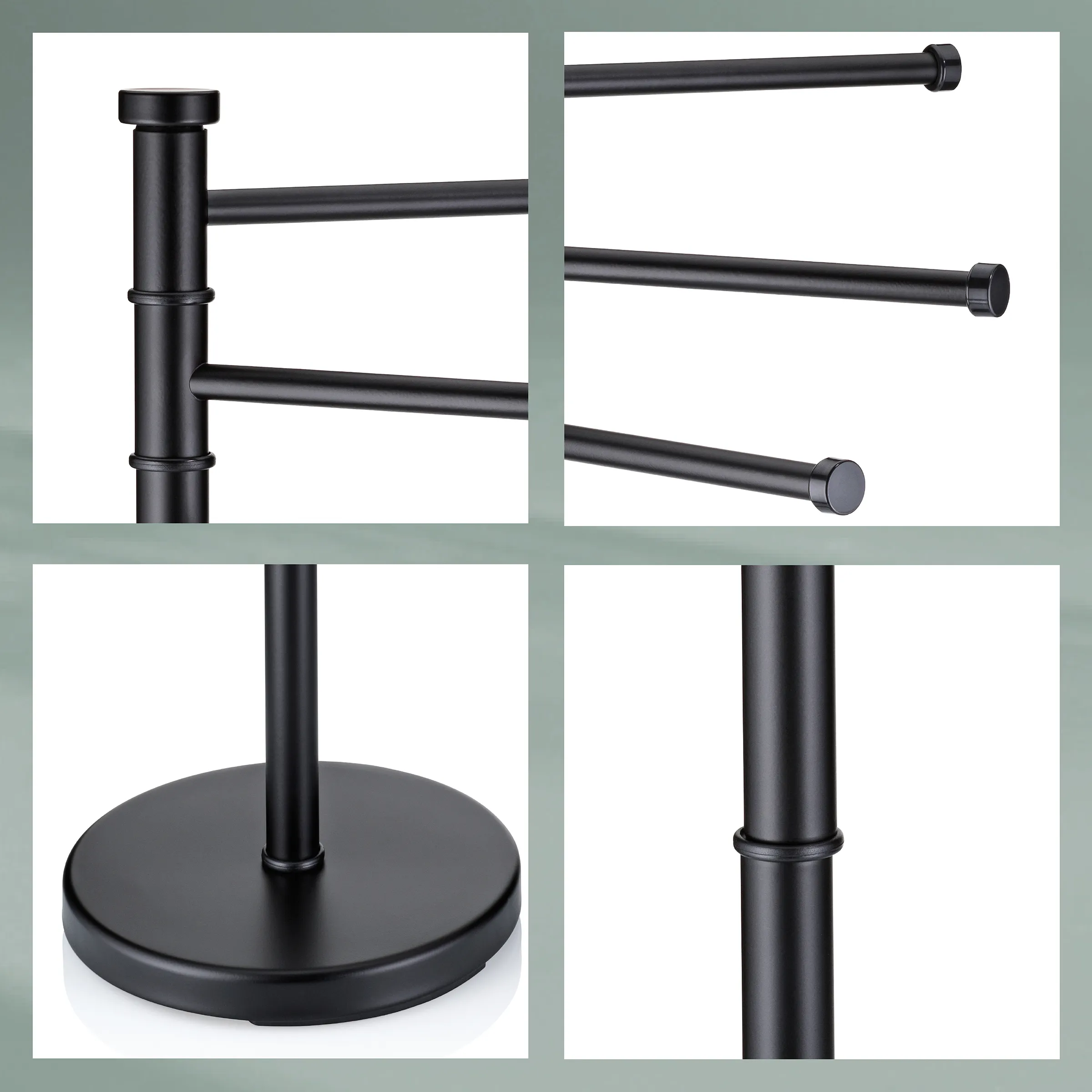 Handtuchregal Ständer schwarz - modernes Badezimmerregal Schwarzes Handtuchregal mit vertikalem Ständer, drei waagerechten Stangen und rundem Standfuß aus Metall