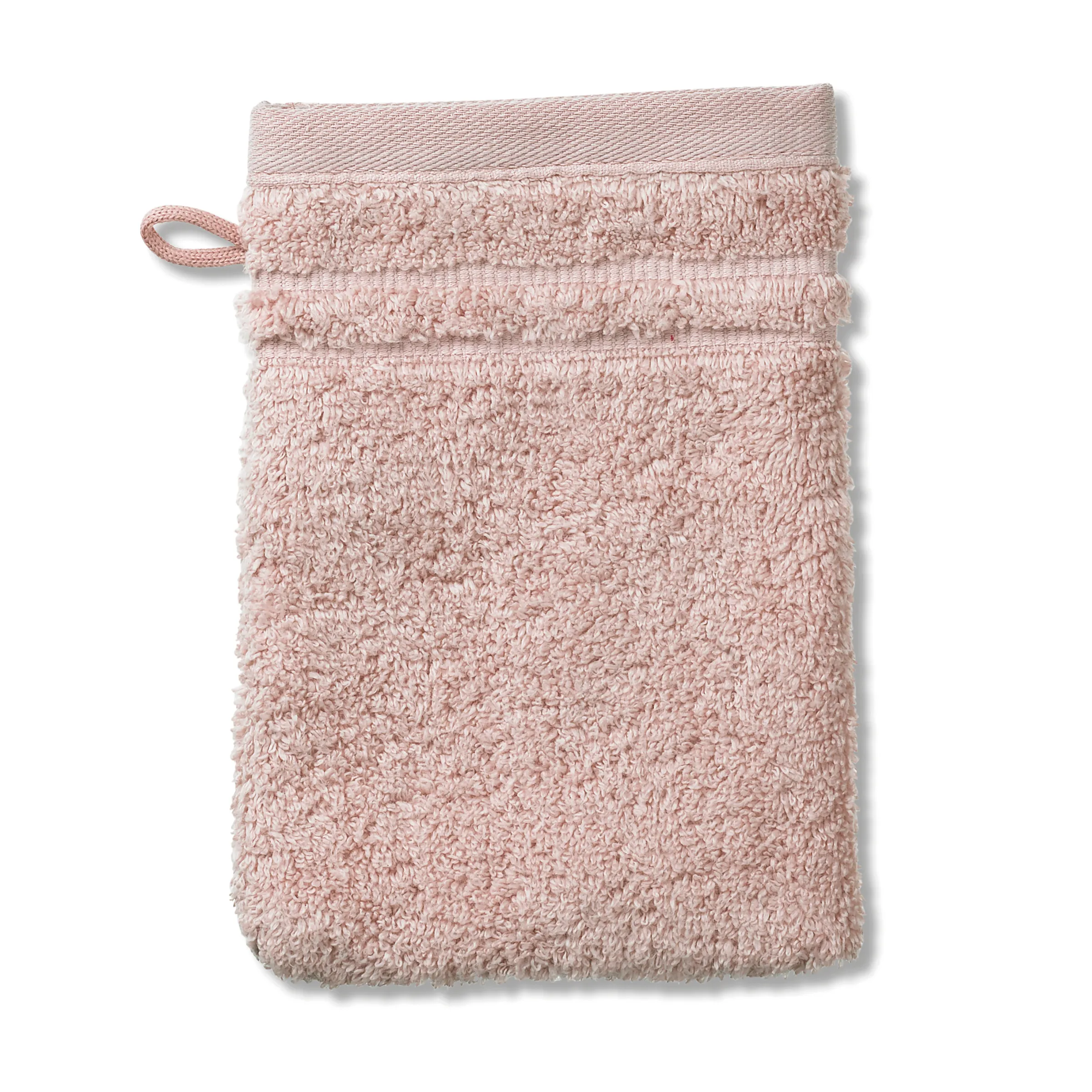 Rosa Waschlappen aus Frottee mit Schlaufe zum Aufhängen, strukturierter Oberfläche und gestreiftem Saum.
