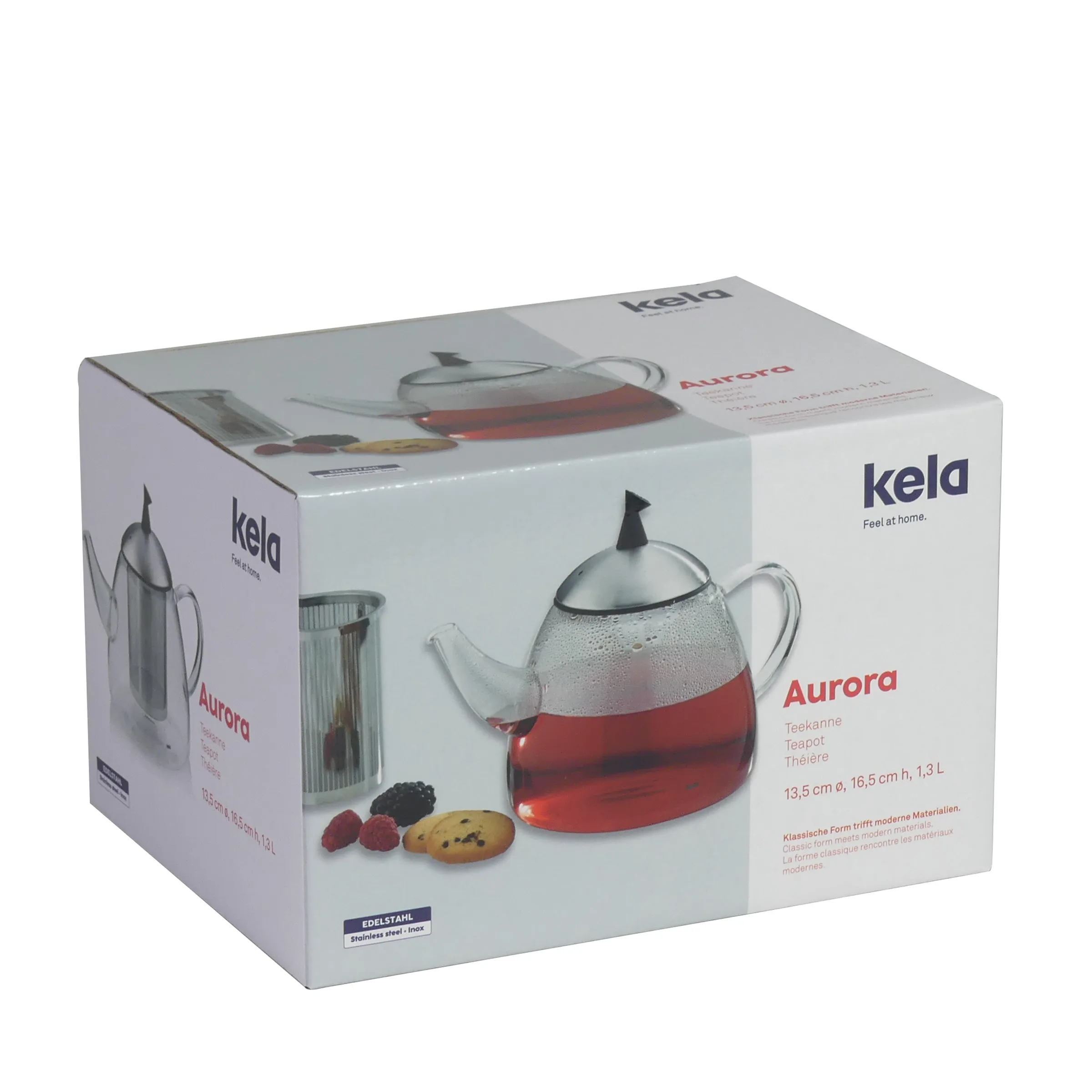 Kela Aurora Teekanne Glas mit Edelstahl-Teesieb 1,3 Liter Glaskanne Kela Aurora Glaskanne mit Teesieb und Edelstahldeckel, 1,3 L, gefüllt mit rotem Früchtetee auf Produktverpackung