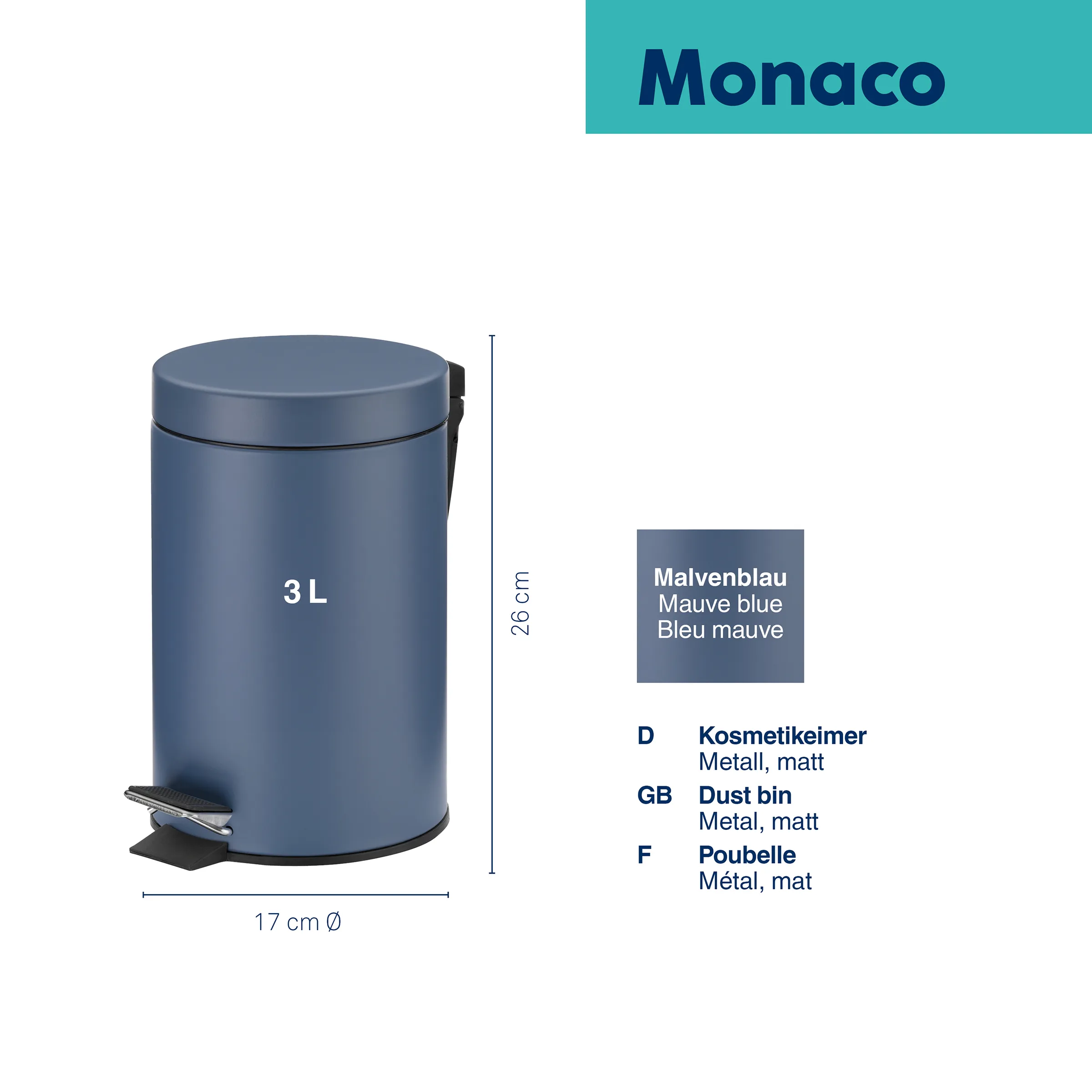 Monaco Kosmetikeimer 3L Malvenblau Treteimer Monaco Kosmetikeimer in Malvenblau, 3 Liter, 26 cm hoch, 17 cm Durchmesser mit Tretmechanismus