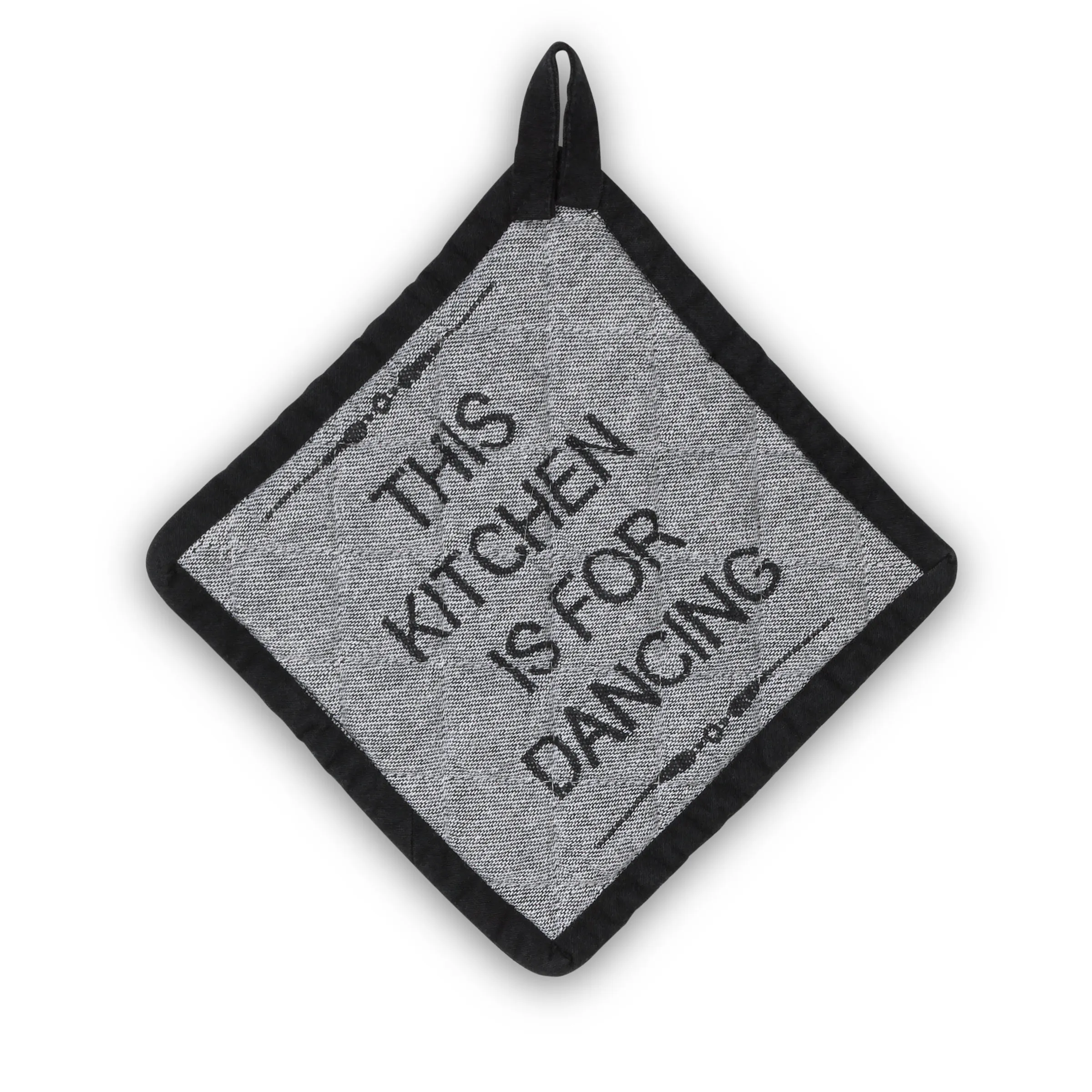 Quadratische Topflappen mit schwarzem Rand und grauem Baumwollstoff, Text "This Kitchen is Dedicated to Drinking".