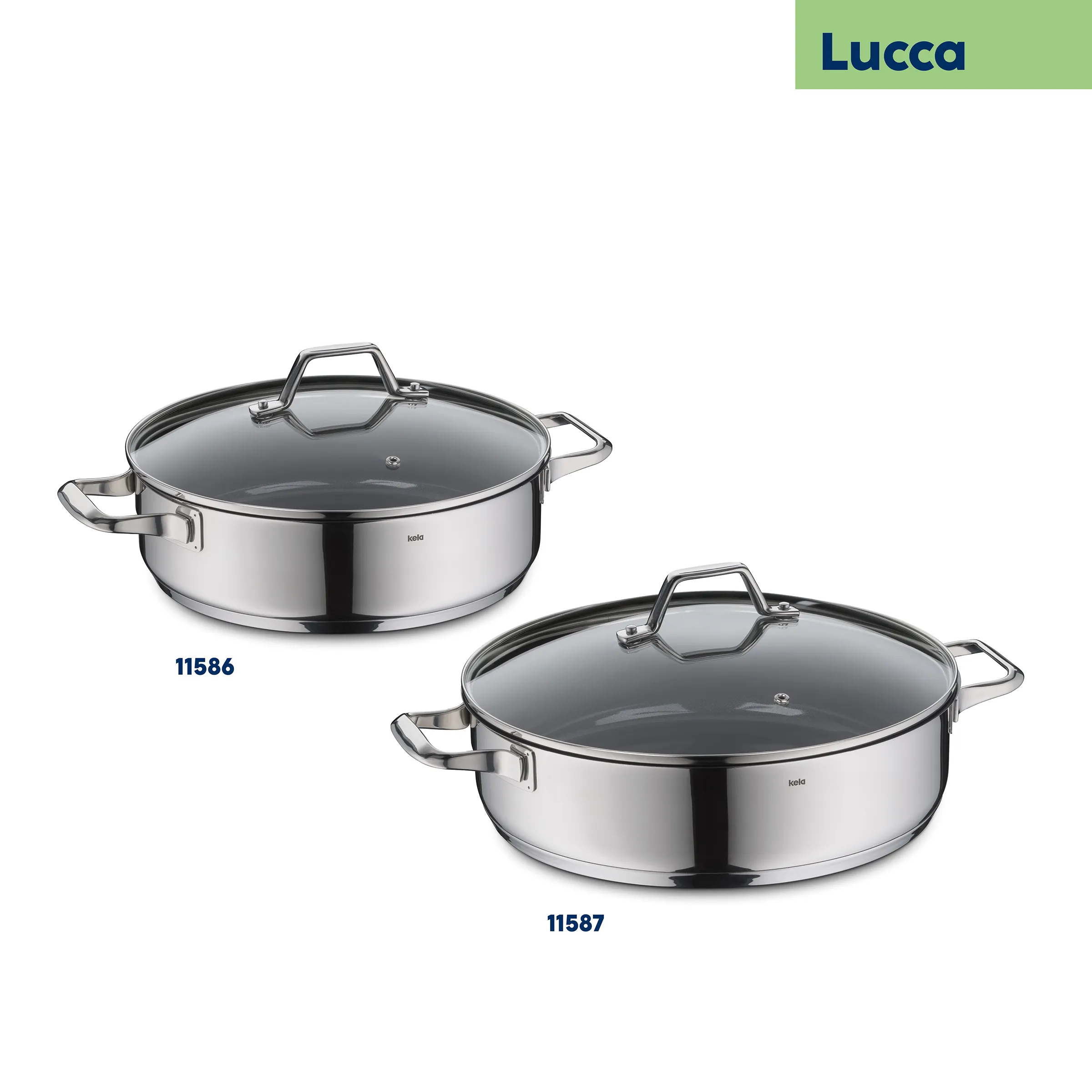 Deux sauteuses Kela Lucca en acier inoxydable avec couvercles en verre et poignées latérales, modèles 11586 et 11587