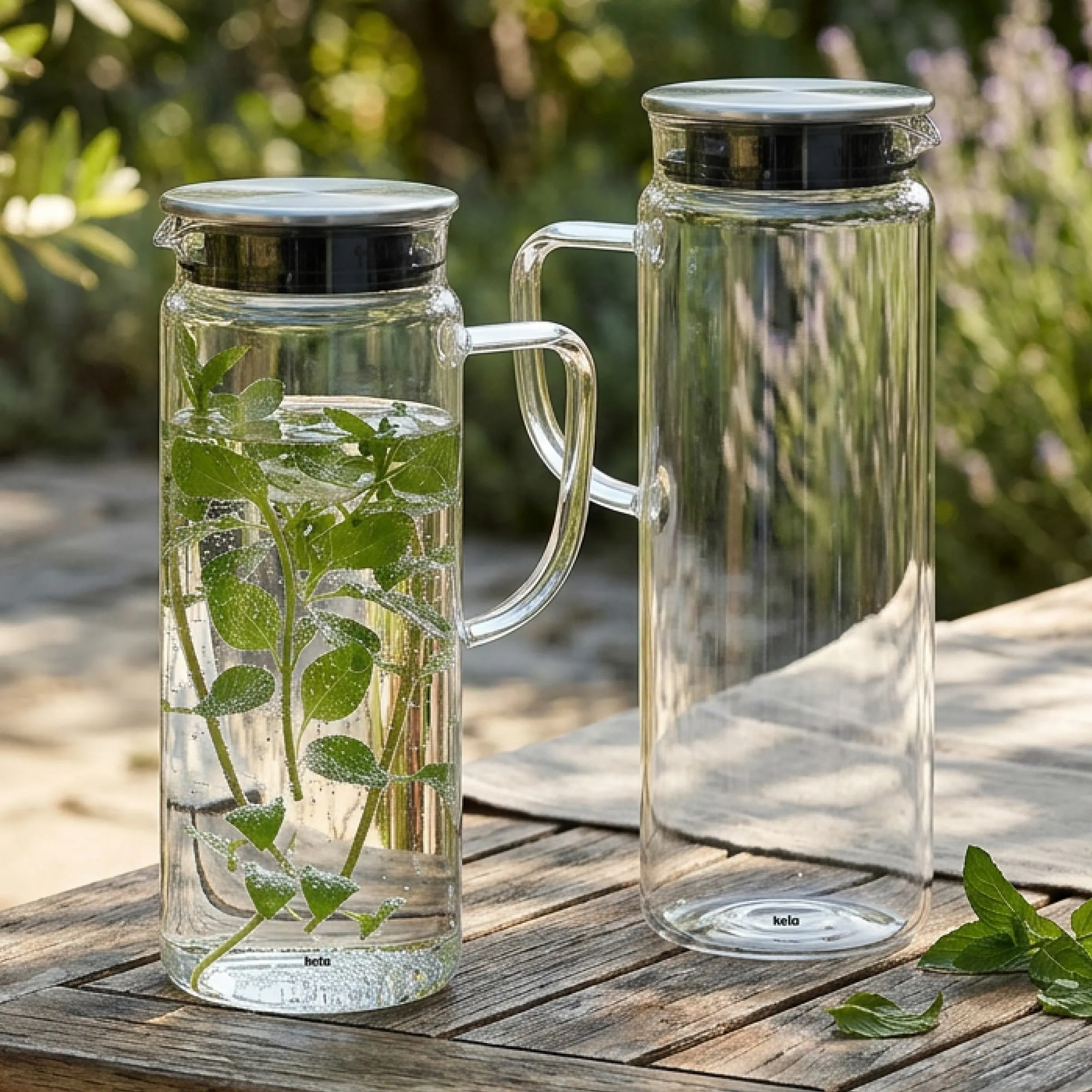 Zwei Glaskrüge mit schwarzem Deckel auf Holztisch im Garten, einer gefüllt mit Minzwasser und Eiswürfeln
