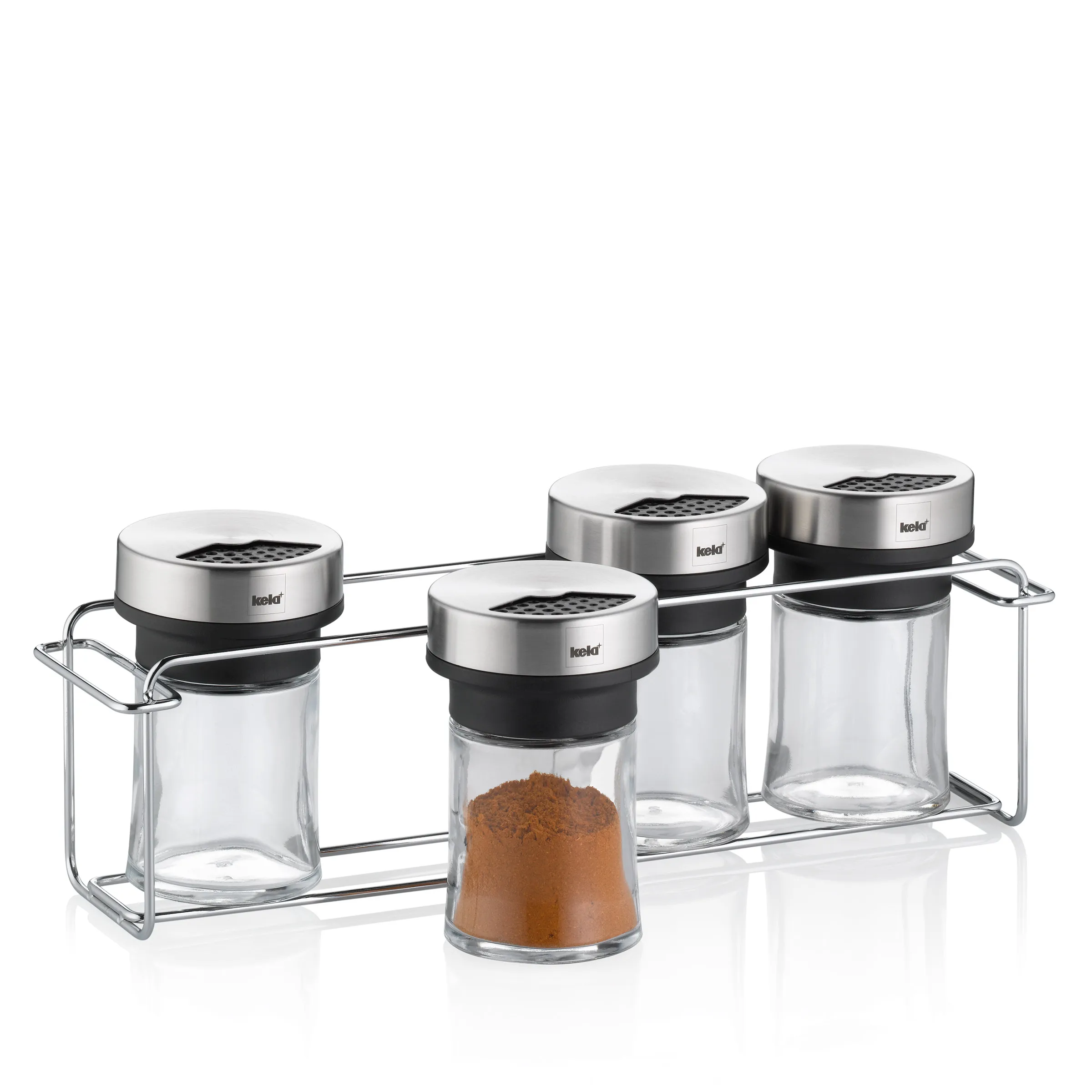 Kela Gewürzgläser-Set mit 4 Gläsern und Metalldeckeln auf verchromtem Halter, eines gefüllt mit Gewürz