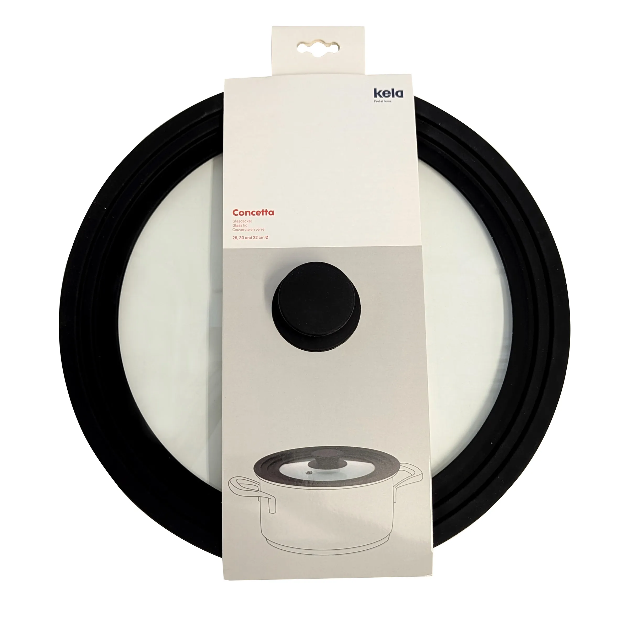 Kela Concetta Glasdeckel mit Silikonrand - Universal Topfdeckel 26-32 cm Kela Concetta Glasdeckel mit schwarzem Silikonrand, 26-32 cm, rund mit Knauf in Verpackung