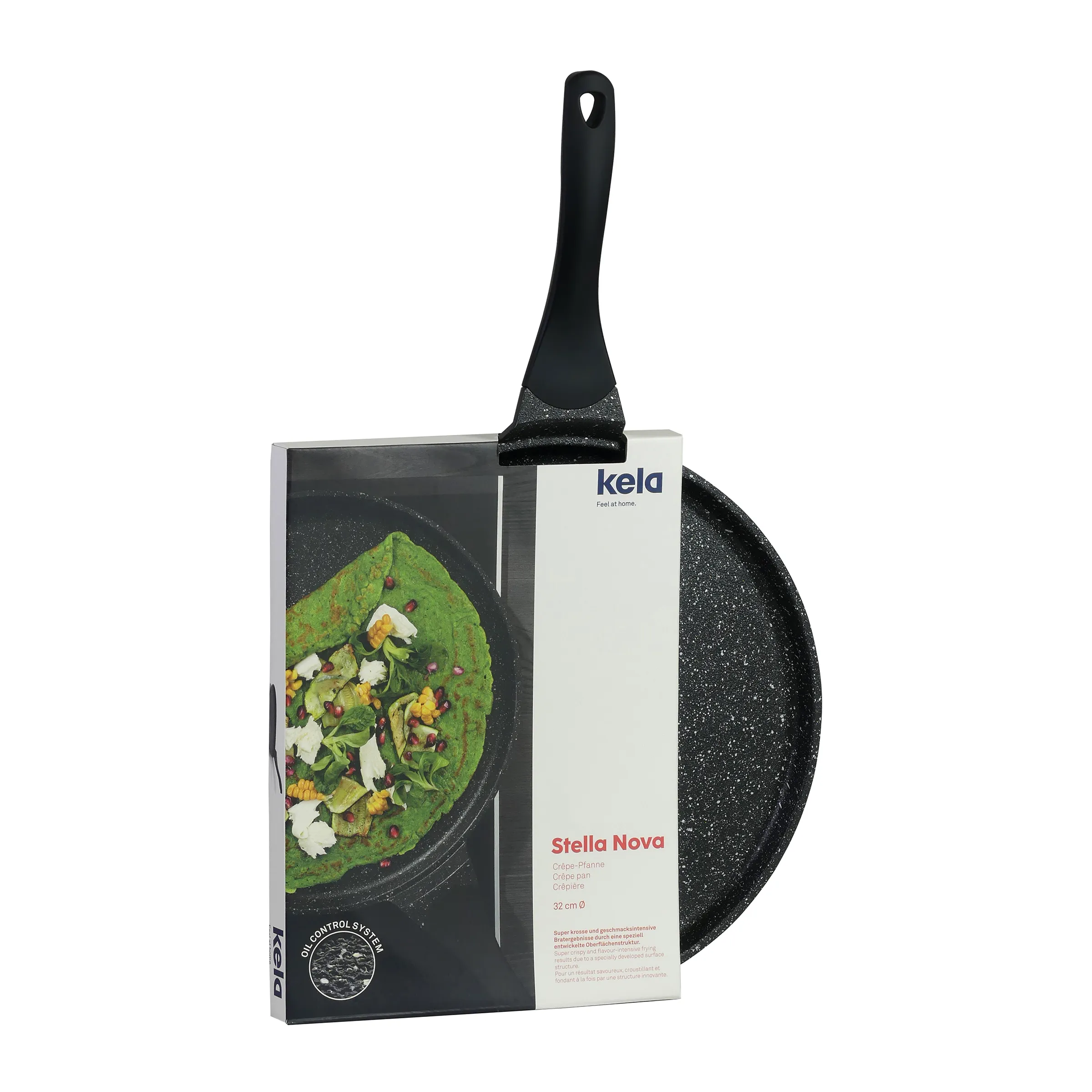 Kela Stella Nova Crêpepfanne 32cm Antihaftbeschichtung Ölkontrollsystem Kela Stella Nova Crêpepfanne 32cm mit schwarzer Antihaftbeschichtung und Verpackung auf weißem Hintergrund