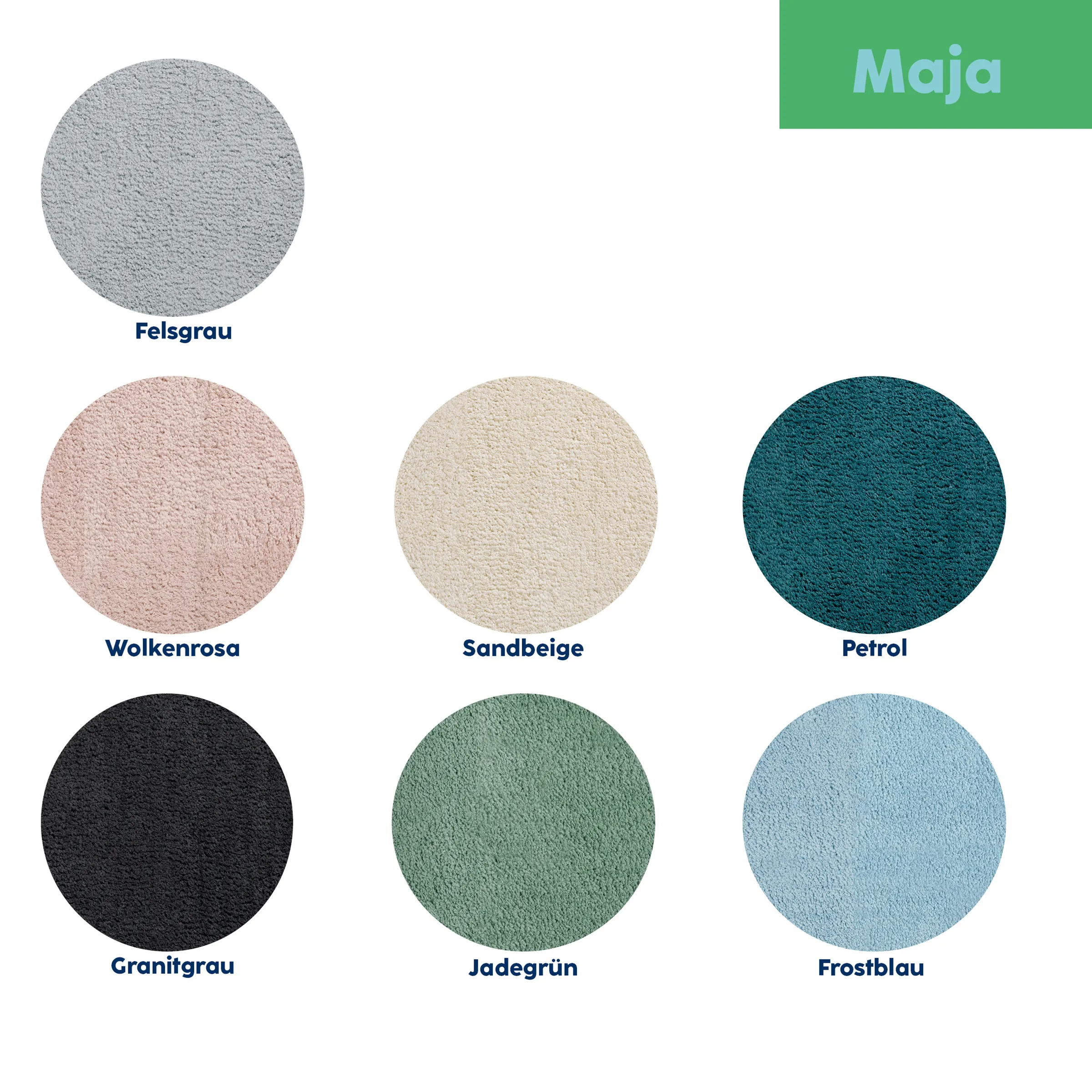 Farbpalette Maja mit sieben runden Textilmustern: Felsgrau, Wolkenrosa, Sandbeige, Petrol, Granitgrau, Jadegrün, Frostblau