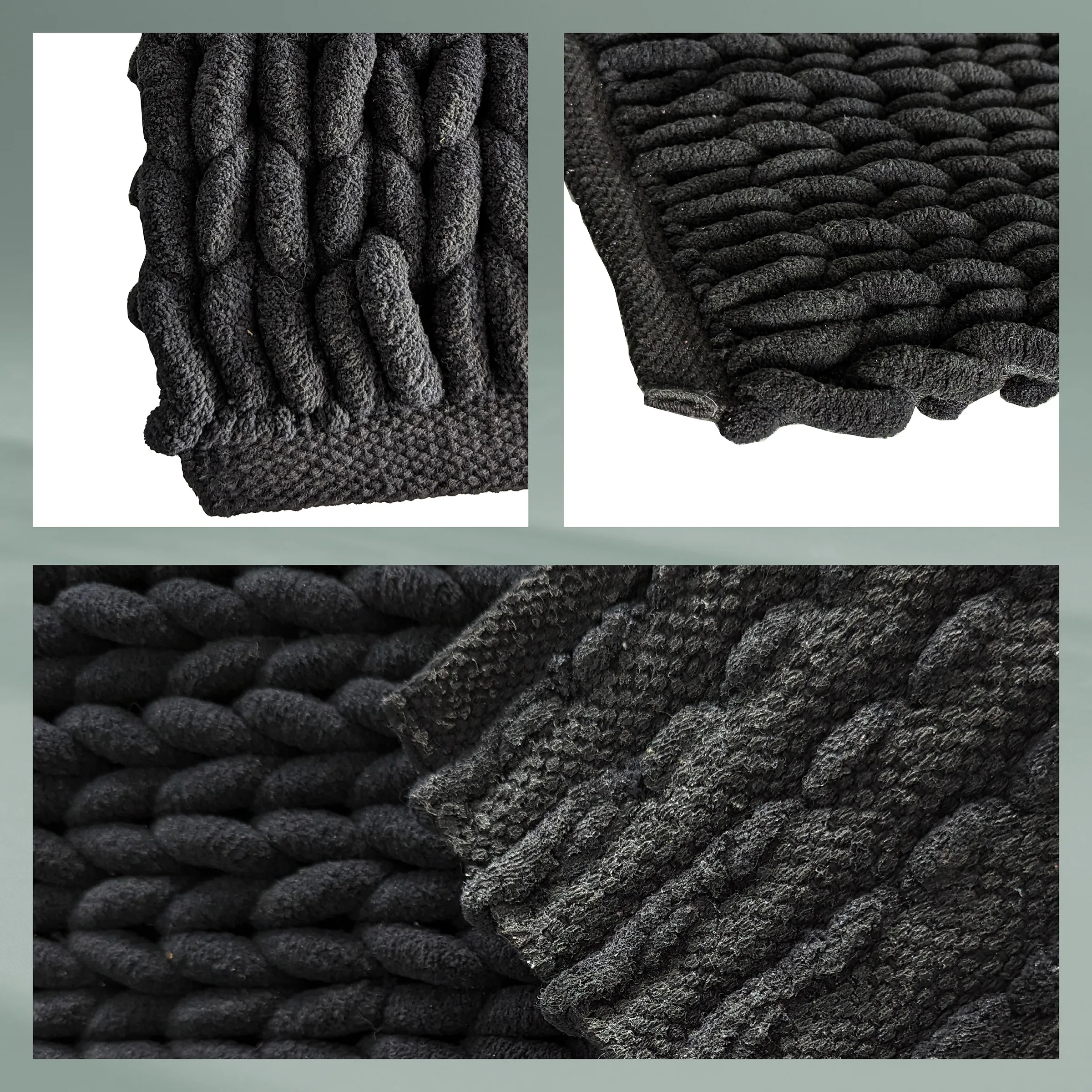 Gestrickte Stoffe Struktur und Textur Details Detailaufnahmen von strukturierter schwarzer Textilware mit geripptem Muster und gequetschten Falten