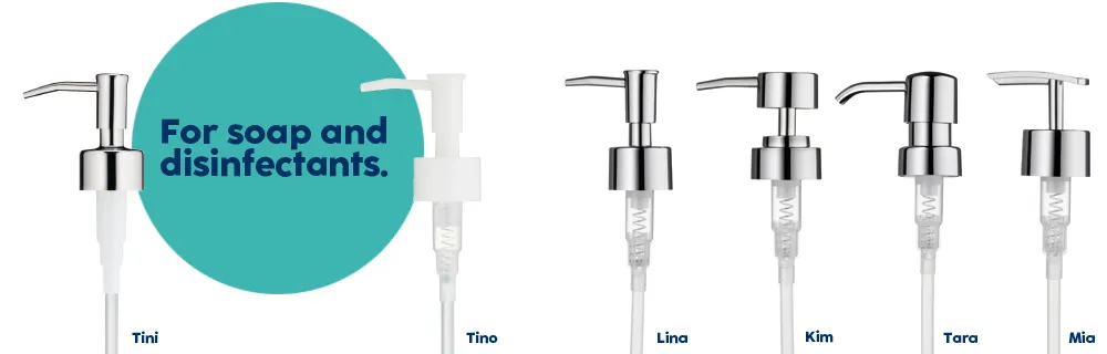 Soap Dispensers for Soap and Disinfectants – Multiple Designs Five soap dispensers with chrome pump heads and clear plastic bottles labeled Tini, Tino, Lina, Kim, Tara, and Mia. Text: For soap and disinfectants.
