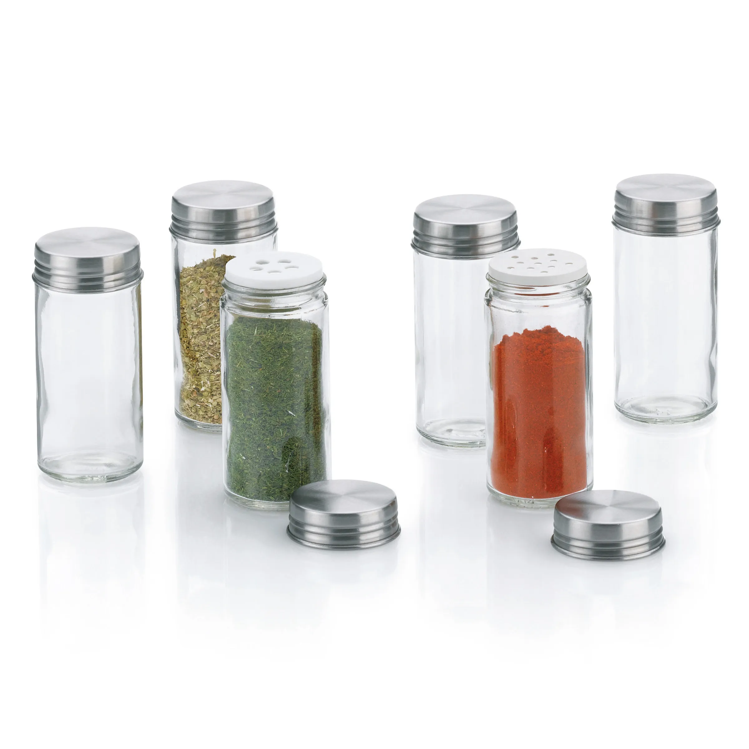 Gewürzstreuer-Set mit fünf Glaskörpern und Metalldeckeln, teilweise mit Gewürzen gefüllt wie Oregano und Paprika