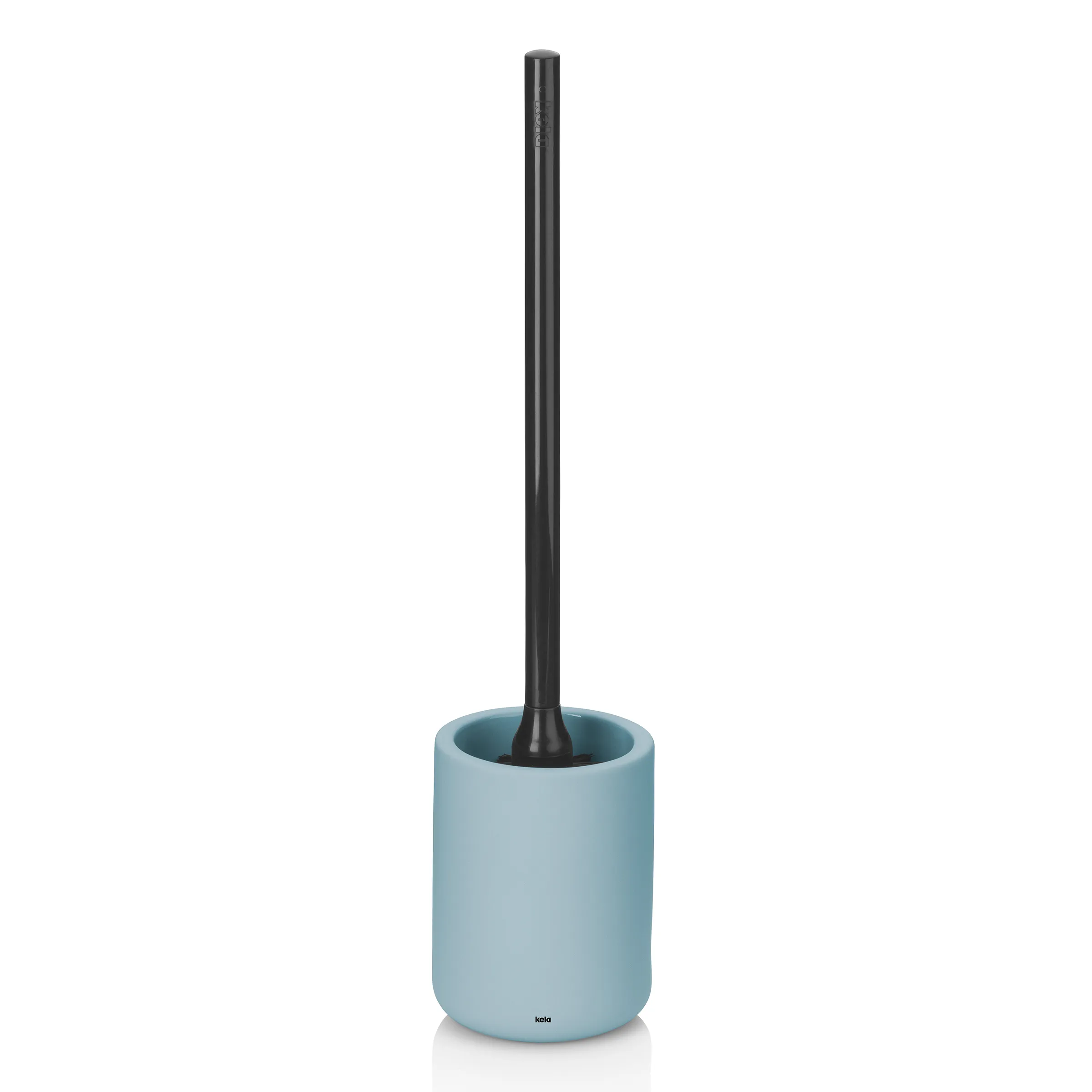 Toilettenbürste mit Halter - moderne Badezimmerausstattung Hellblaue Toilettenbürste mit schwarzem Griff und zylindrischem Behälter, modernes Design