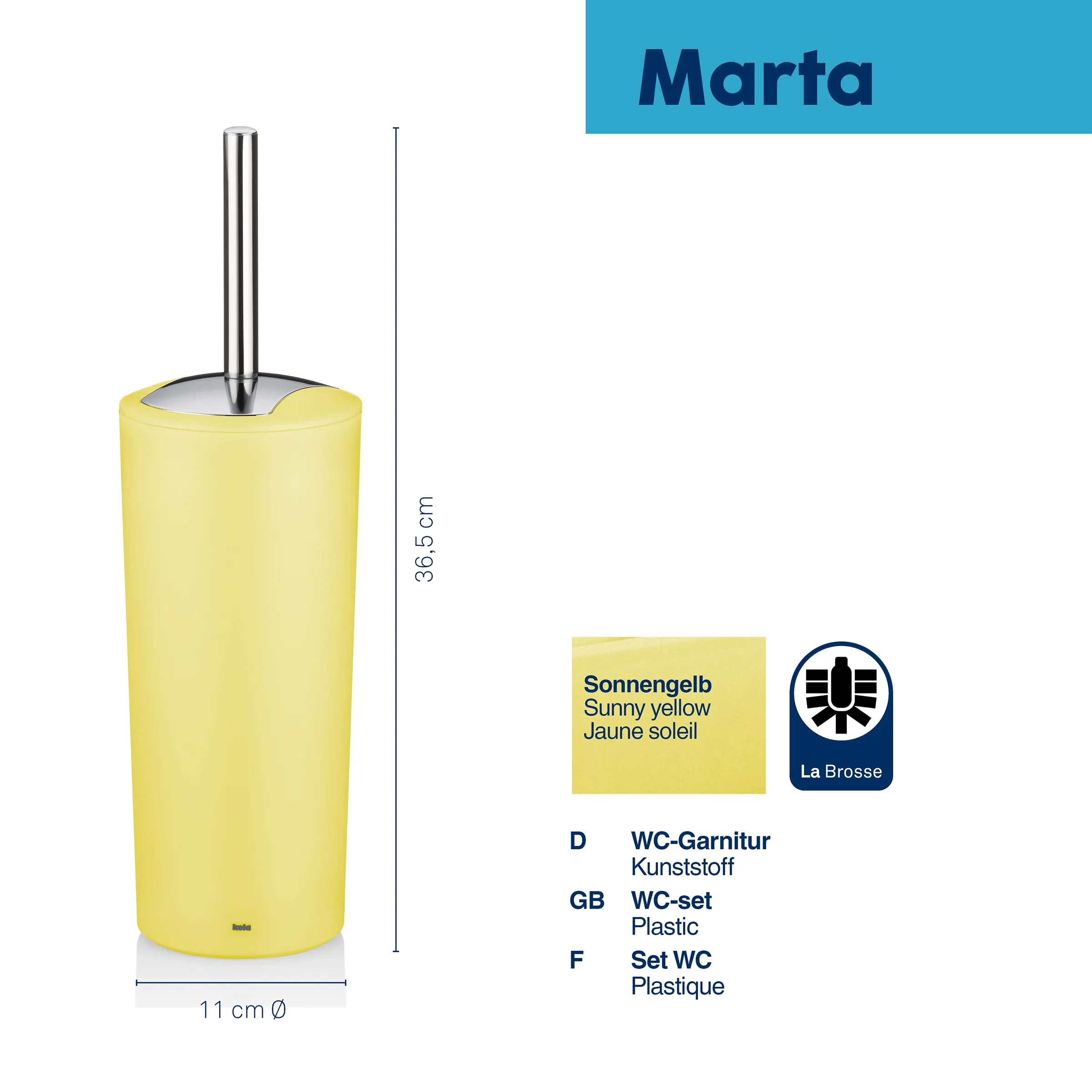 Marta WC-Garnitur Sonnengelb Kunststoff mit Edelstahlbürste Marta WC-Garnitur in Sonnengelb, 36,5 cm hoch, Kunststoff mit Edelstahlgriff, La Brosse Qualität