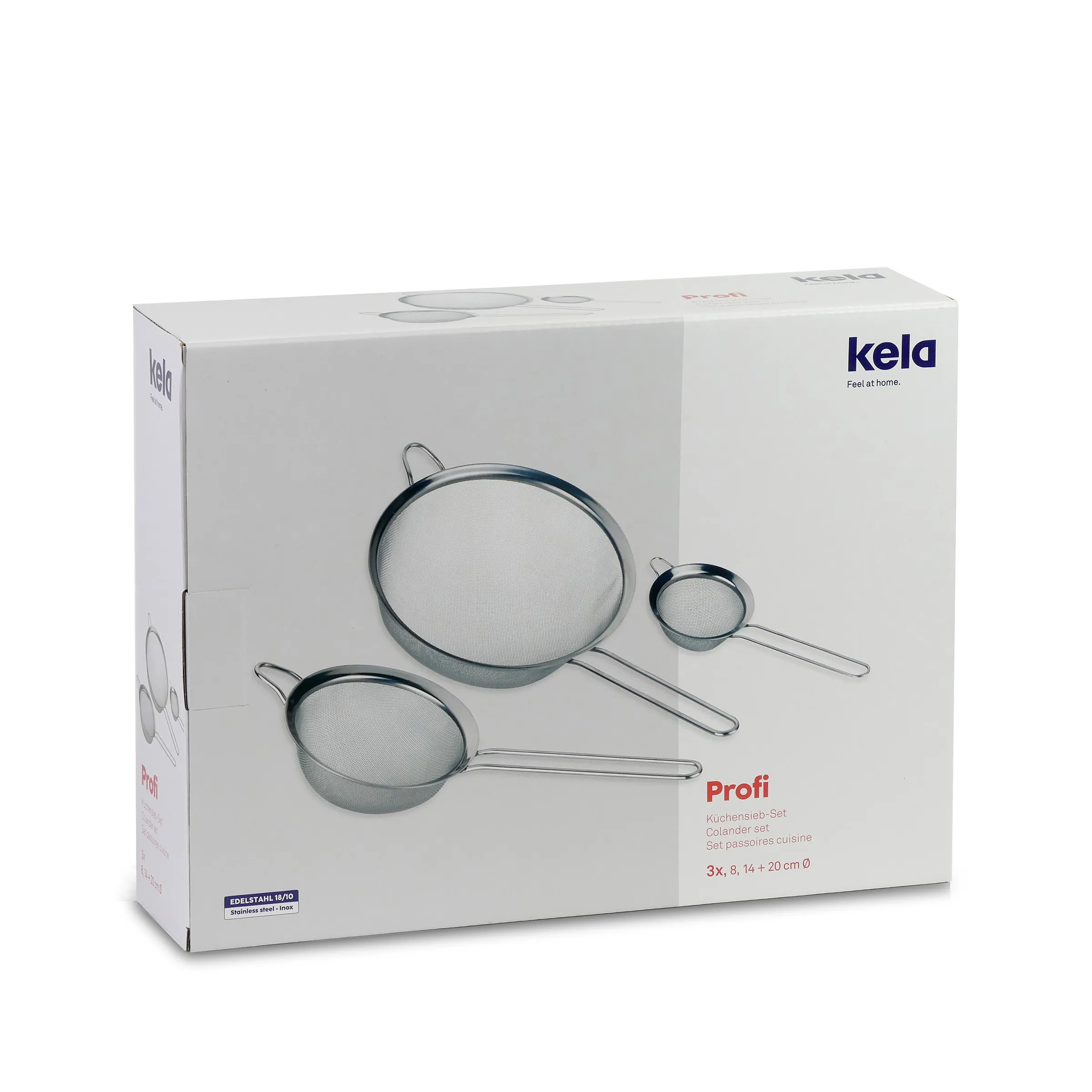 Kela Profi Küchensieb-Set 3-teilig Edelstahl 8 14 20 cm Kela Profi Küchensieb-Set mit 3 Edelstahl-Sieben in den Größen 8, 14 und 20 cm auf weißer Produktverpackung