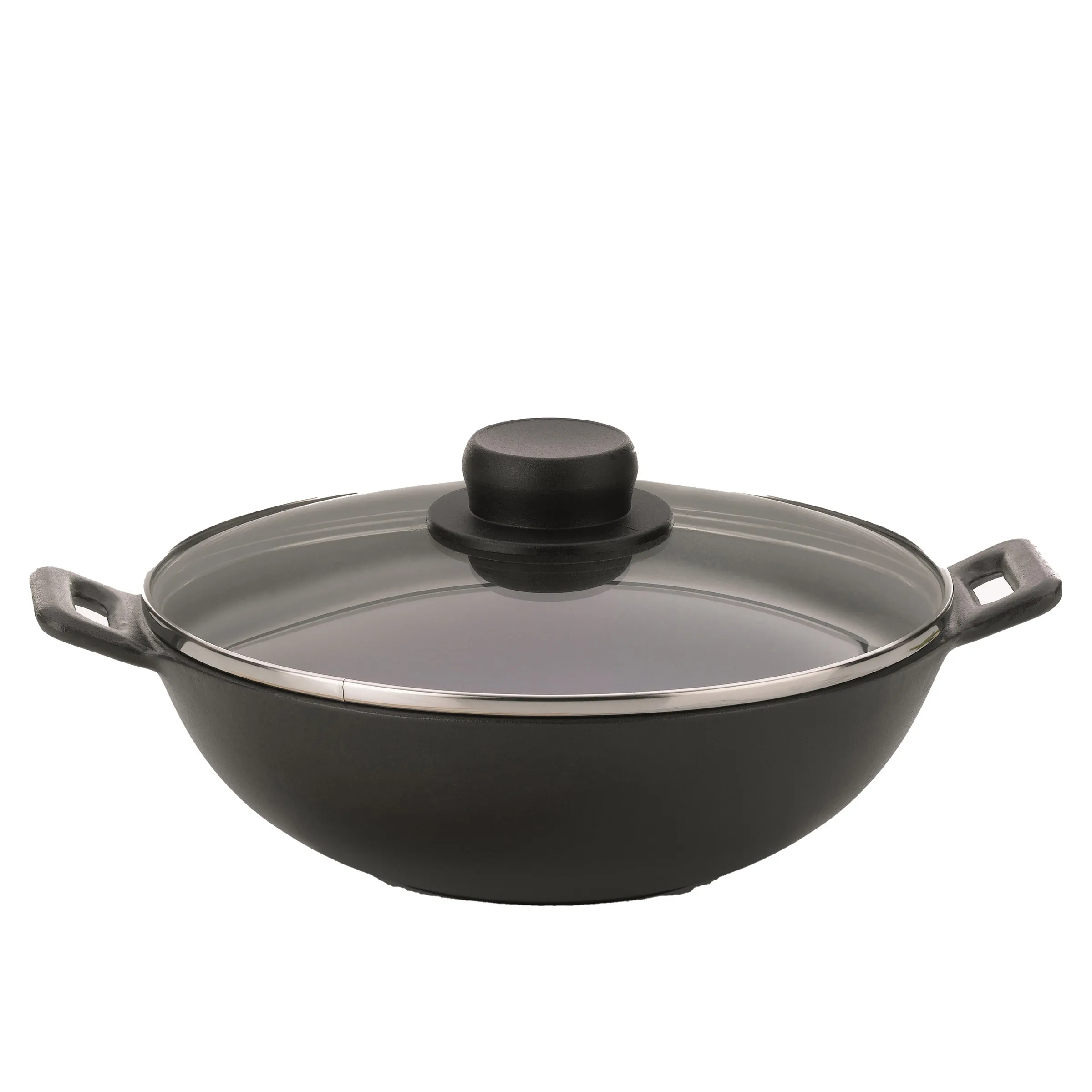 Wok mit Glasdeckel - Antihaft-Kochgeschirr Schwarzer Wok mit Glasdeckel und zwei Griffen, frontal vor weißem Hintergrund fotografiert.