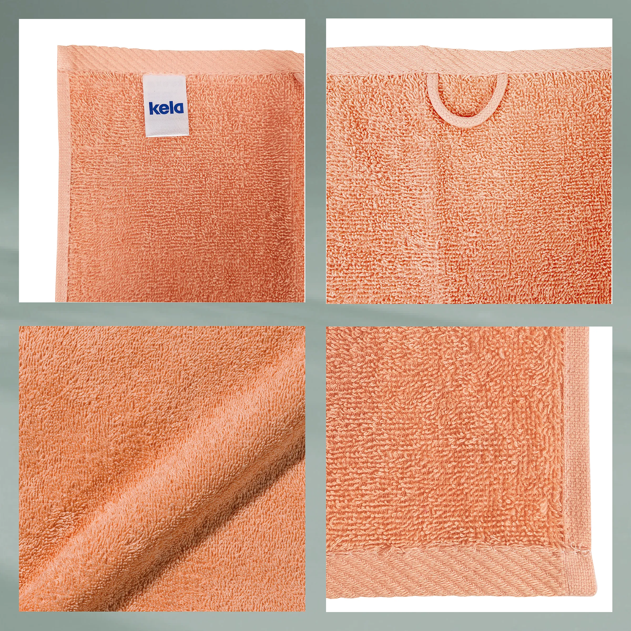 Kela Handtuch Apricot - Hochwertige Badtextilien Kela Handtuch in Apricot mit Label, vier Ansichten zeigen Vorder-, Rückseite und Texturdetails