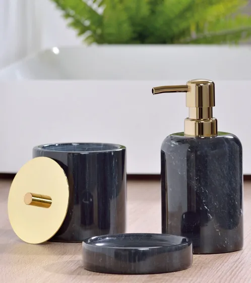 Luxus Badezimmer Set Marmor mit Seifenspender und Aufbewahrungsdose Elegantes dreiteiliges Badezimmer-Accessoire-Set aus dunkelgrauem Marmor mit goldfarbenen Details