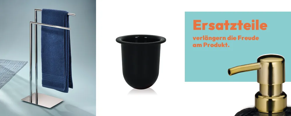 Badezimmer Ersatzteile - Handtuchständer und Toilettenbürste Badezimmer-Ersatzteile: Handtuchhalter, schwarze Toilettenbürsten-Behälter und goldene Seifenspender