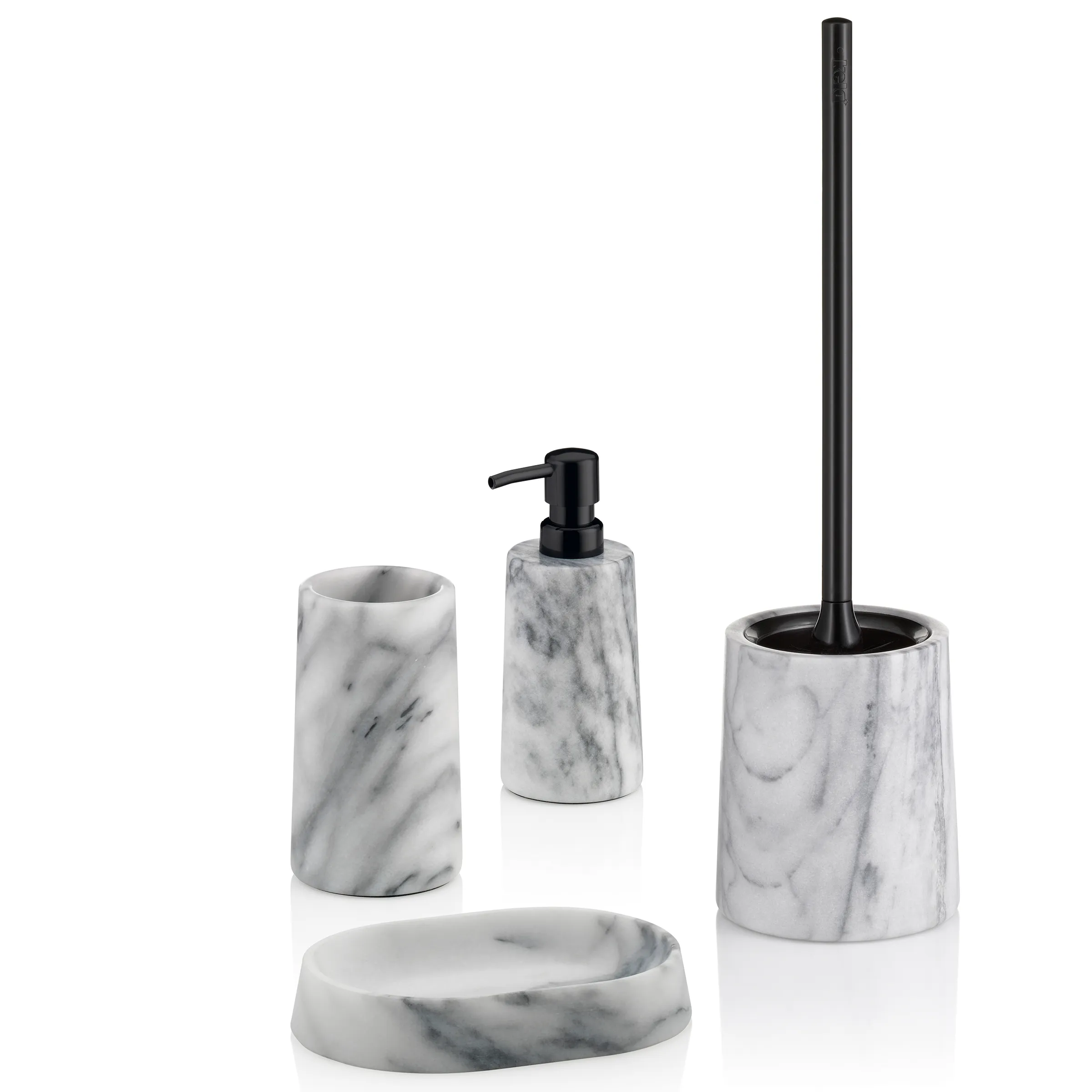 Badezimmer-Set Marmor 4-teilig mit Seifenspender und WC-Bürste Vierteiliges Badezimmer-Set aus weißem Marmor mit schwarzen Akzenten: Seifenspender, Becher, Seifenschale und WC-Bürste
