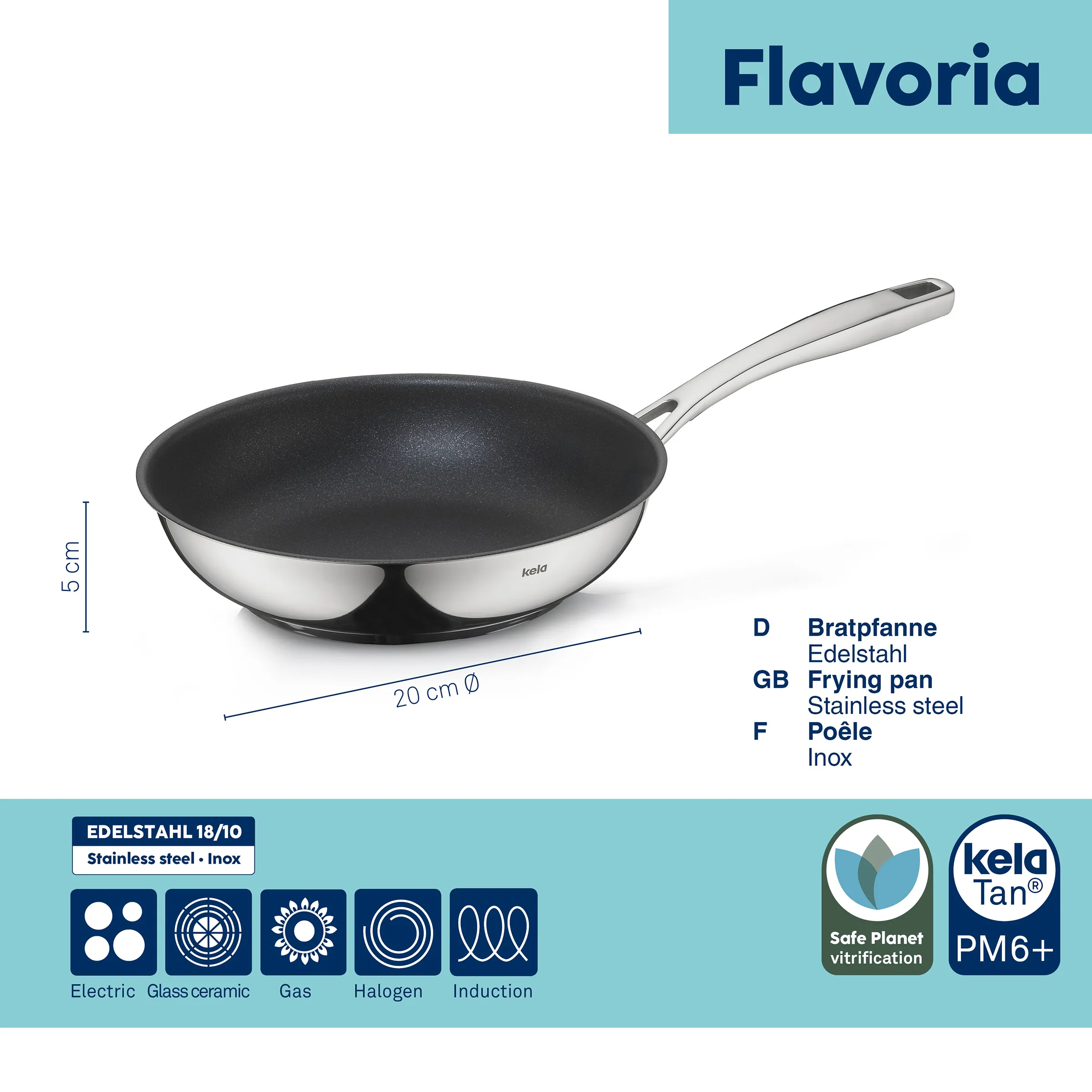 Edelstahl Bratpfanne 20 cm - Flavoria Induktionspfanne Edelstahl-Bratpfanne Flavoria mit schwarzer Beschichtung, 20 cm Durchmesser, 5 cm Höhe, langem Griff
