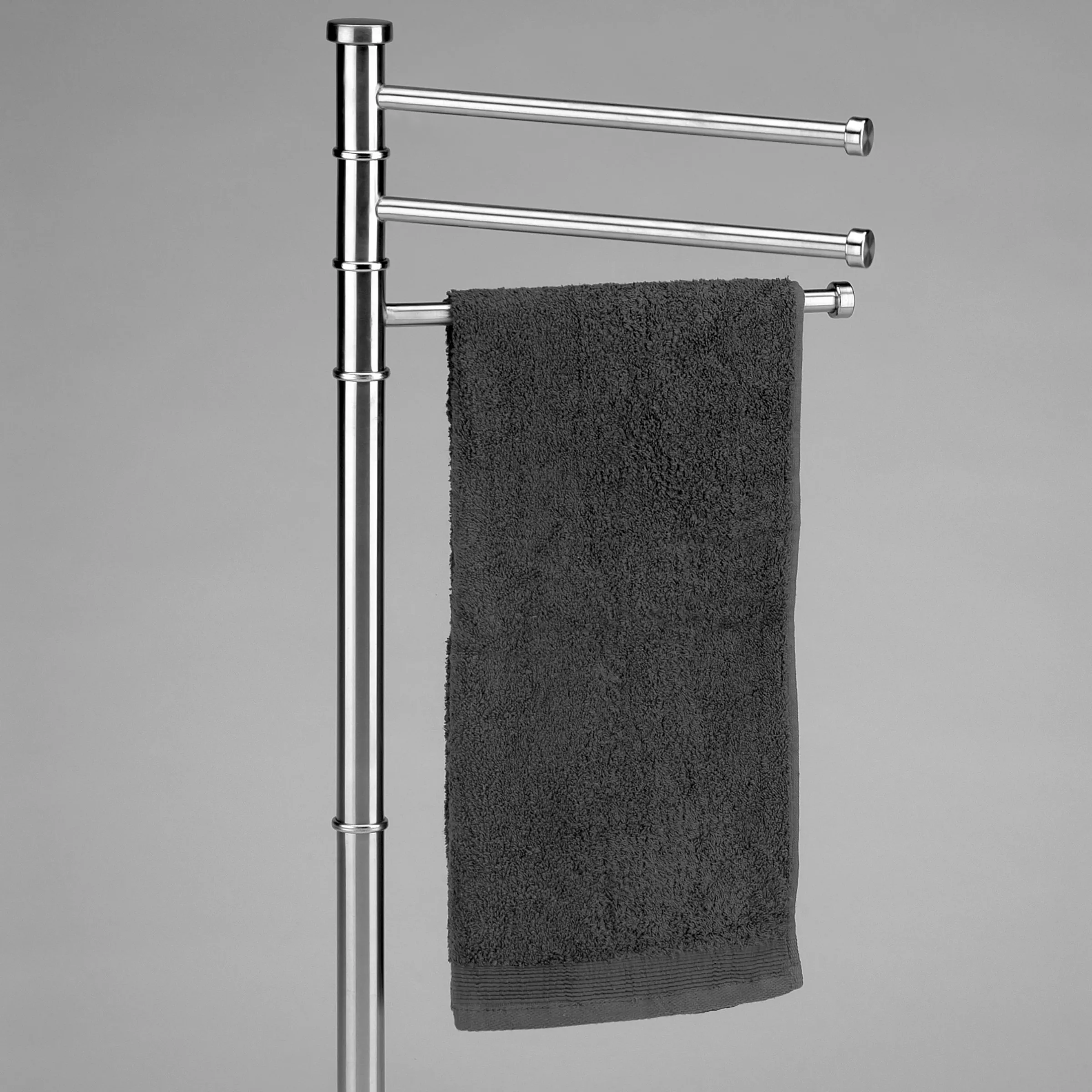 Handtuchhalter Edelstahl - Wandmontage Handtuchstange Handtuchhalter aus Edelstahl mit vier horizontalen Stangen, eine Stange trägt ein dunkelgraues Handtuch