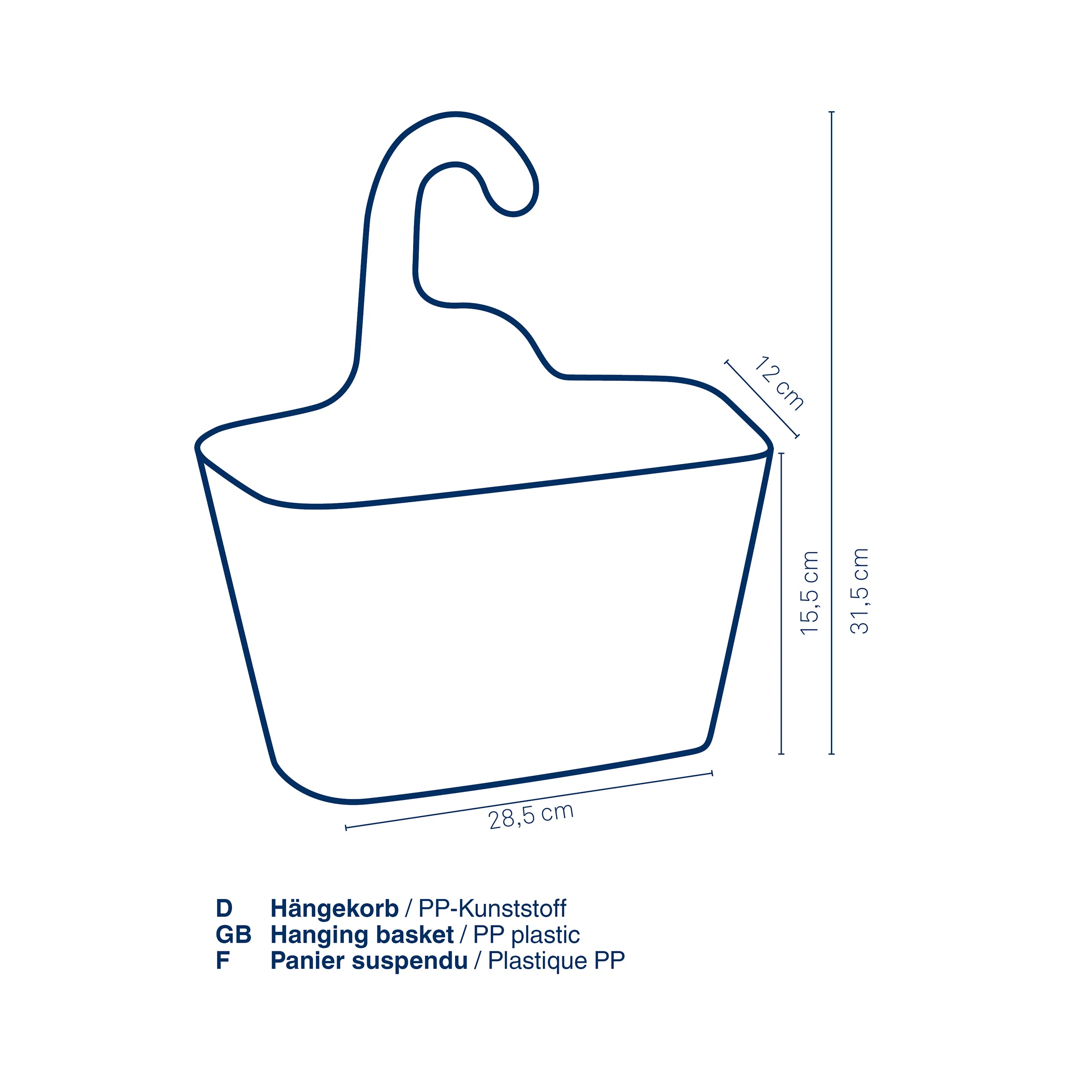 Hängekorb aus PP-Kunststoff mit Maßangaben: 28,5 cm Breite, 15,5 cm Höhe, 12 cm Tiefe und Haken