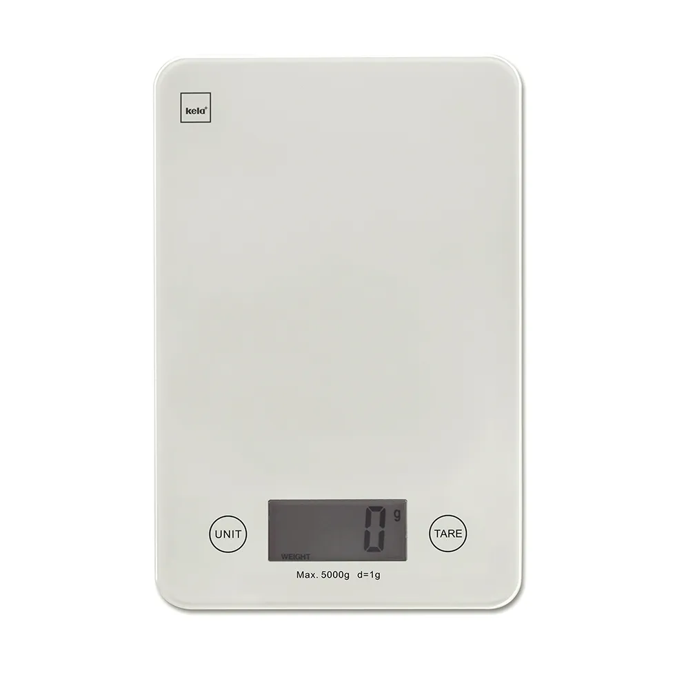 Digitale Küchenwaage Kela bis 5kg mit Tare-Funktion Kela digitale Küchenwaage in Weiß mit LCD-Display, zeigt 0g an, max. 5000g Gewichtskapazität