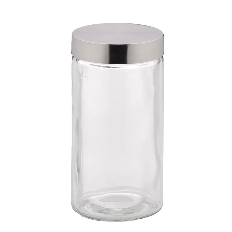 Transparente Vorratsdose aus Glas mit silbernem Metalldeckel und zylindrischer Form