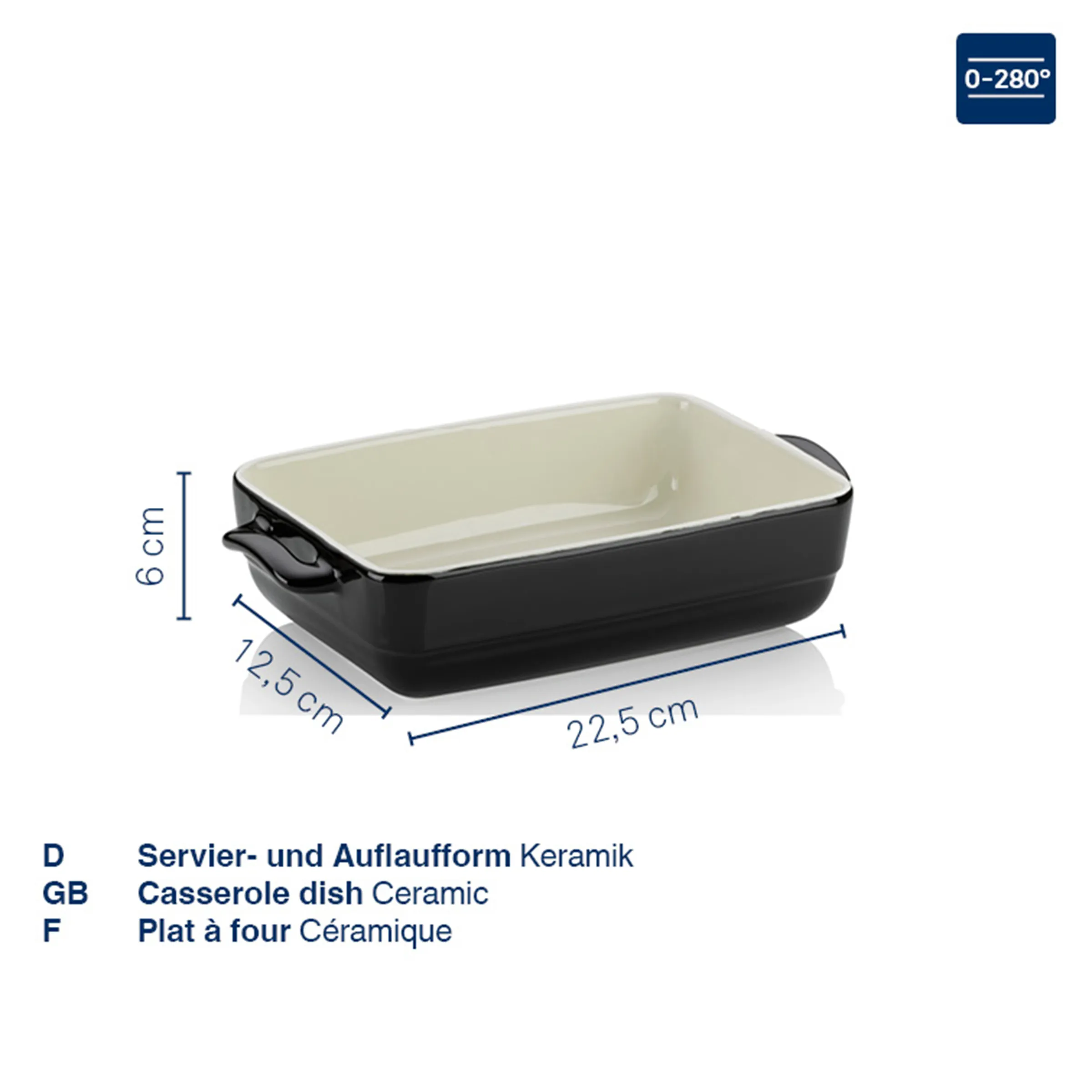 Keramik Auflaufform schwarz 22,5 cm Servierform Schwarze rechteckige Keramik-Auflaufform mit cremefarbenem Innenlack, Abmessungen 22,5 x 12,5 x 6 cm, mit Griffen