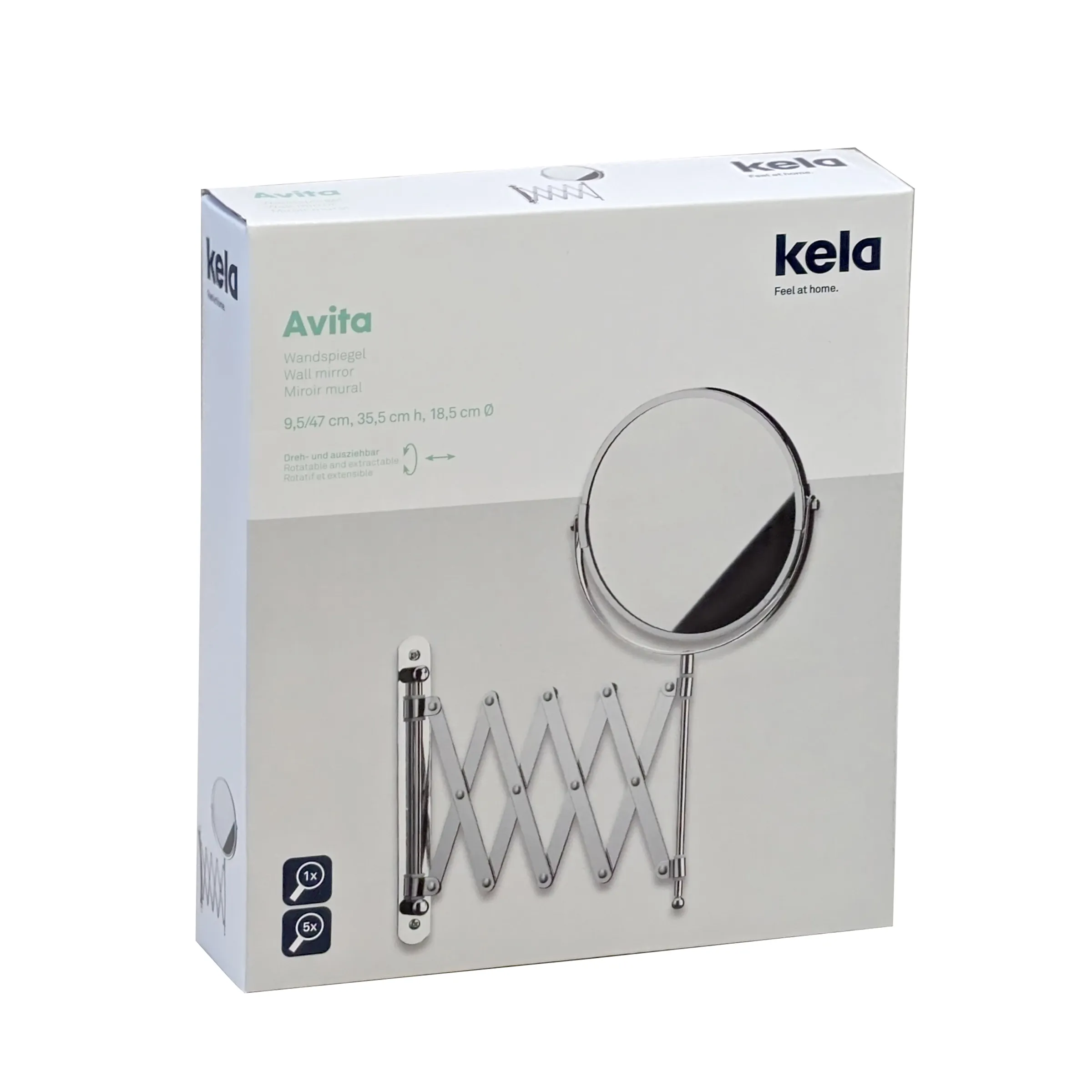 Kela Avita Wandspiegel ausziehbar - Badezimmerspiegel mit Arm Kela Avita Wandspiegel mit ausziehbarem Arm und Drehfunktion, verpackt in weißer Schachtel mit Produktinformationen