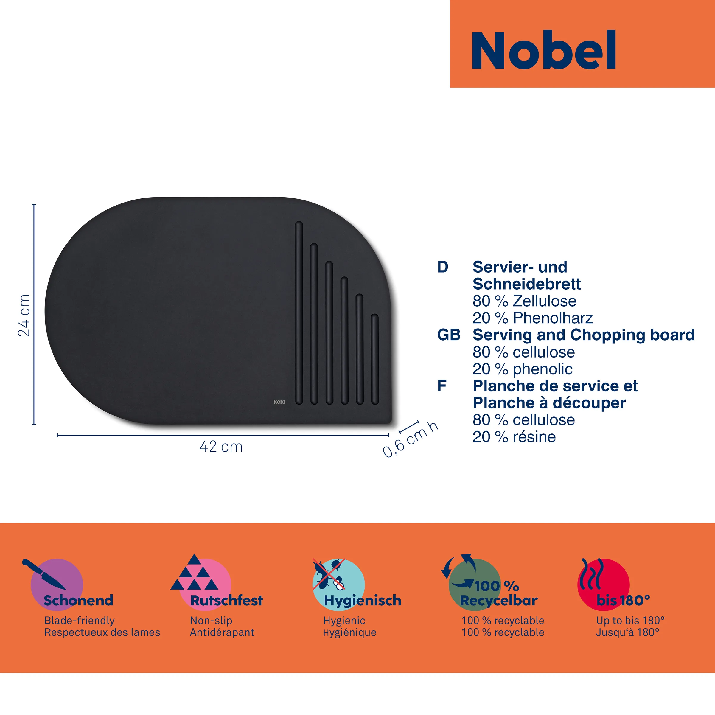 Nobel Schneidebrett Serving Board - Professionelles Küchenzubehör Schwarzes Schneidebrett Nobel mit Maßen 42x24 cm und Materialangaben: 80% Zellulose, 20% Phenolharz
