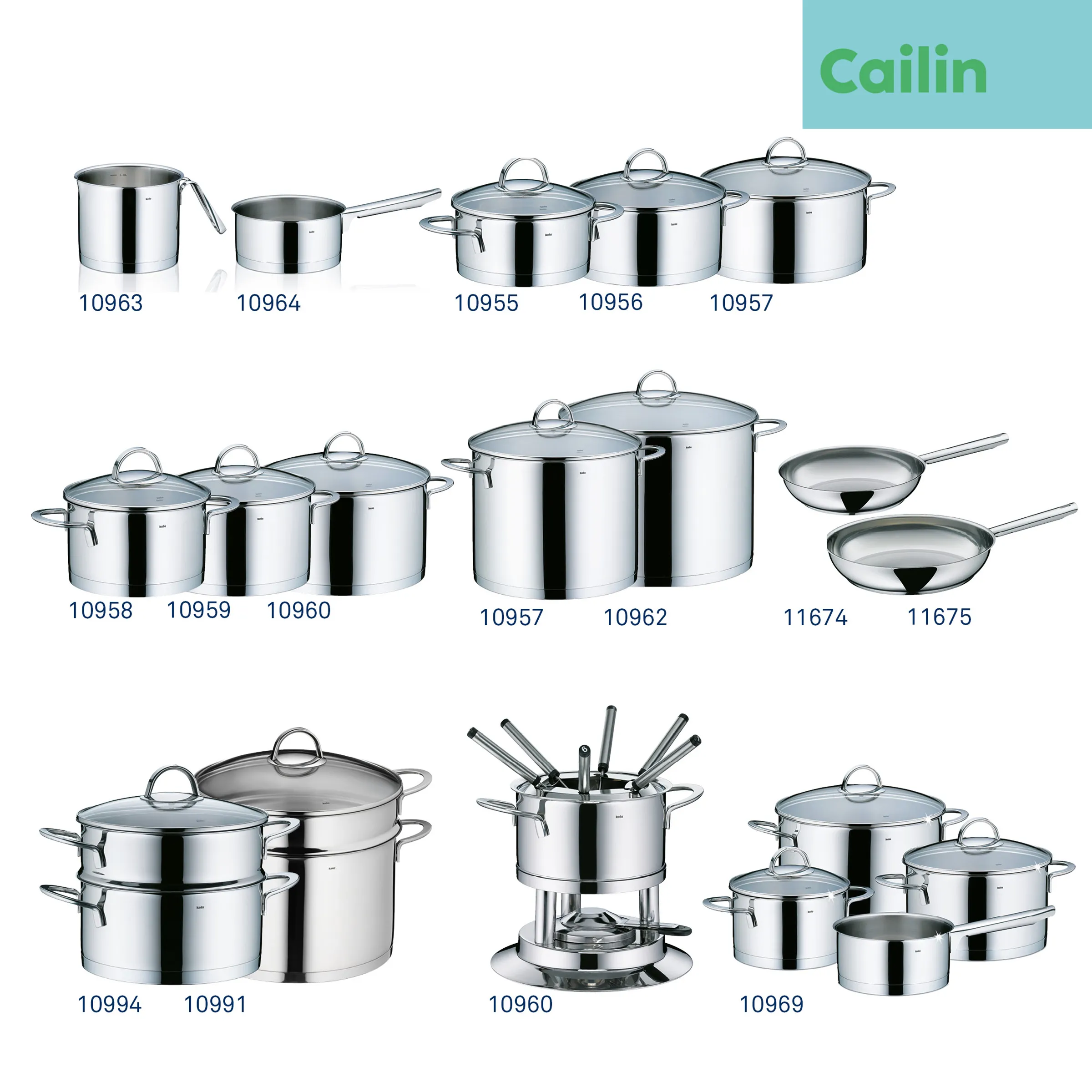 Cailin Edelstahl-Kochgeschirr Set: Töpfe, Pfannen, Kochtopfsets und Fondue-Set auf weißem Hintergrund