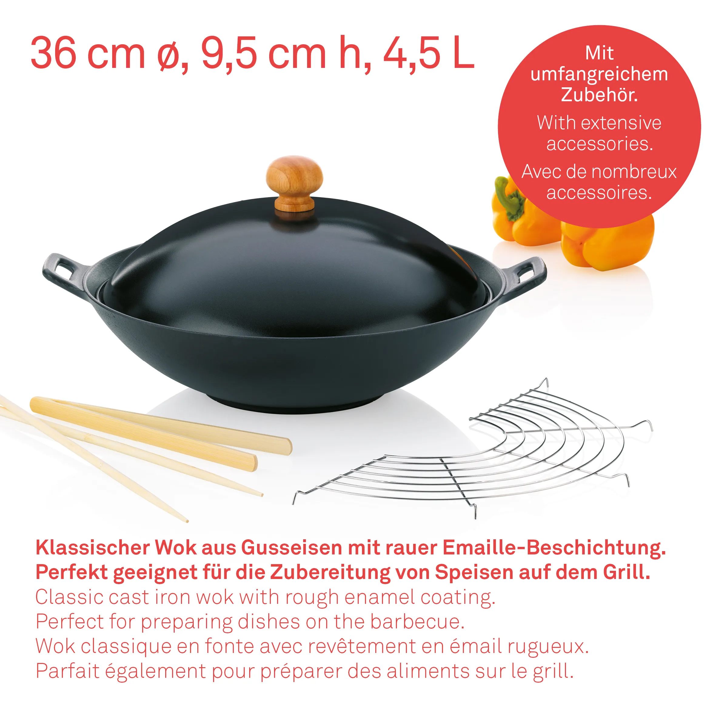 Gusseisen-Wok mit Emaille-Beschichtung – 36 cm Durchmesser, 4,5 L Volumen mit umfangreichem Grill-Zubehör Gusseisen-Wok 36 cm mit Emaillebeschichtung, Holzdeckel, Stäbchen und Grillrost-Zubehör auf weißem Hintergrund