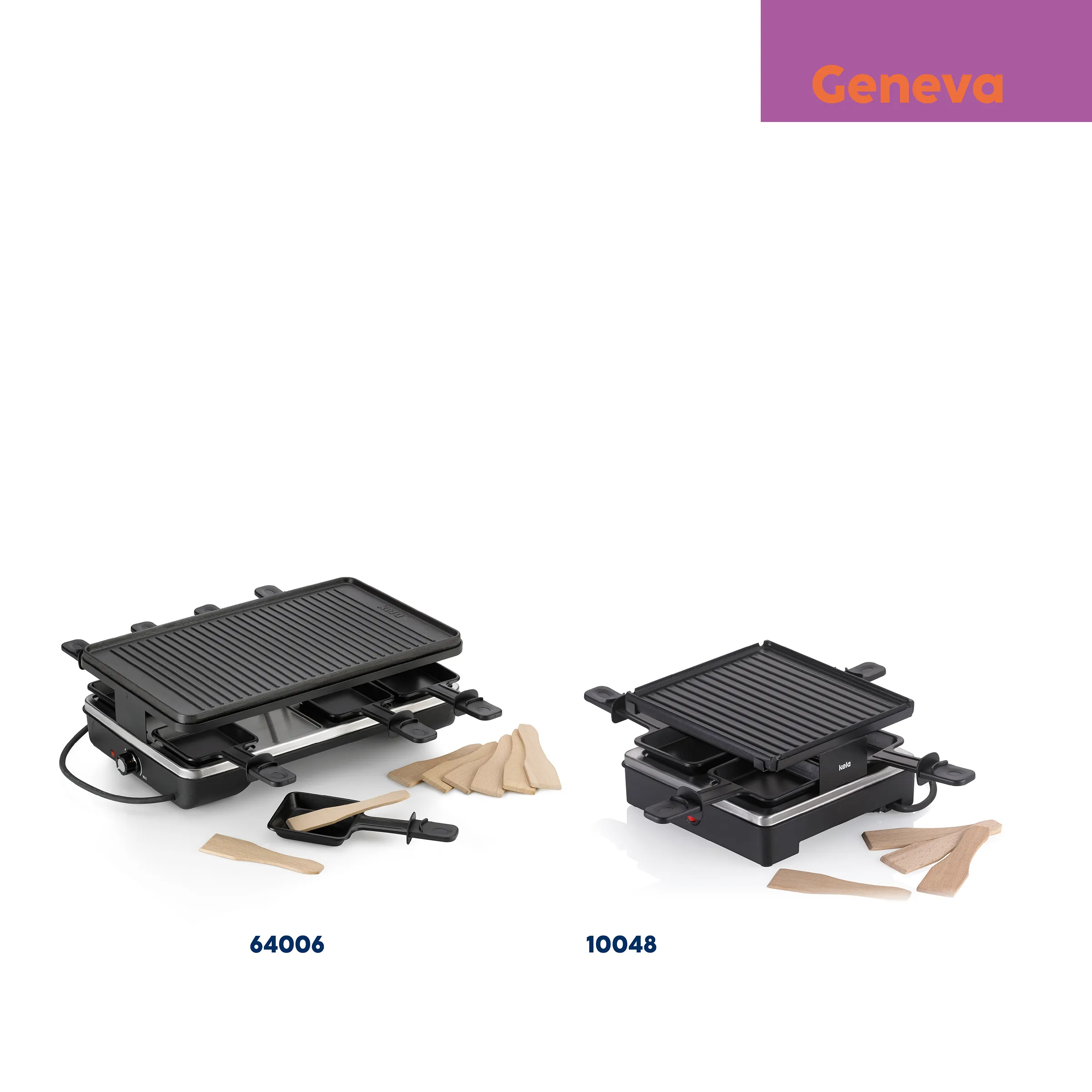 Zwei schwarze Raclette-Grills mit gerillten Platten, Holzspateln und Zubehör, Modelle 64006 und 10048
