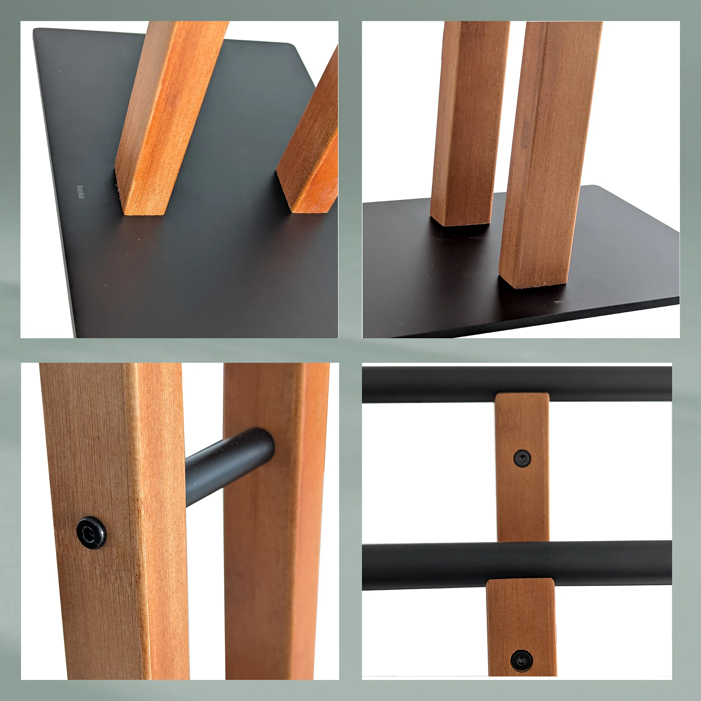 Möbel-Detailansichten: Holzbeine, schwarze Platte und Montagedetails mit Schrauben Detailaufnahmen eines Möbelstücks mit Holzbeinen und schwarzer Platte sowie schwarzen Verbindungsstangen