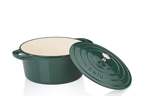 Gusseisen-Topf grün mit Deckel - hochwertiges Kochgeschirr Grüner Gusseisen-Topf mit Deckel, Emailleinnenseite in Creme, Henkel sichtbar, modern elegant