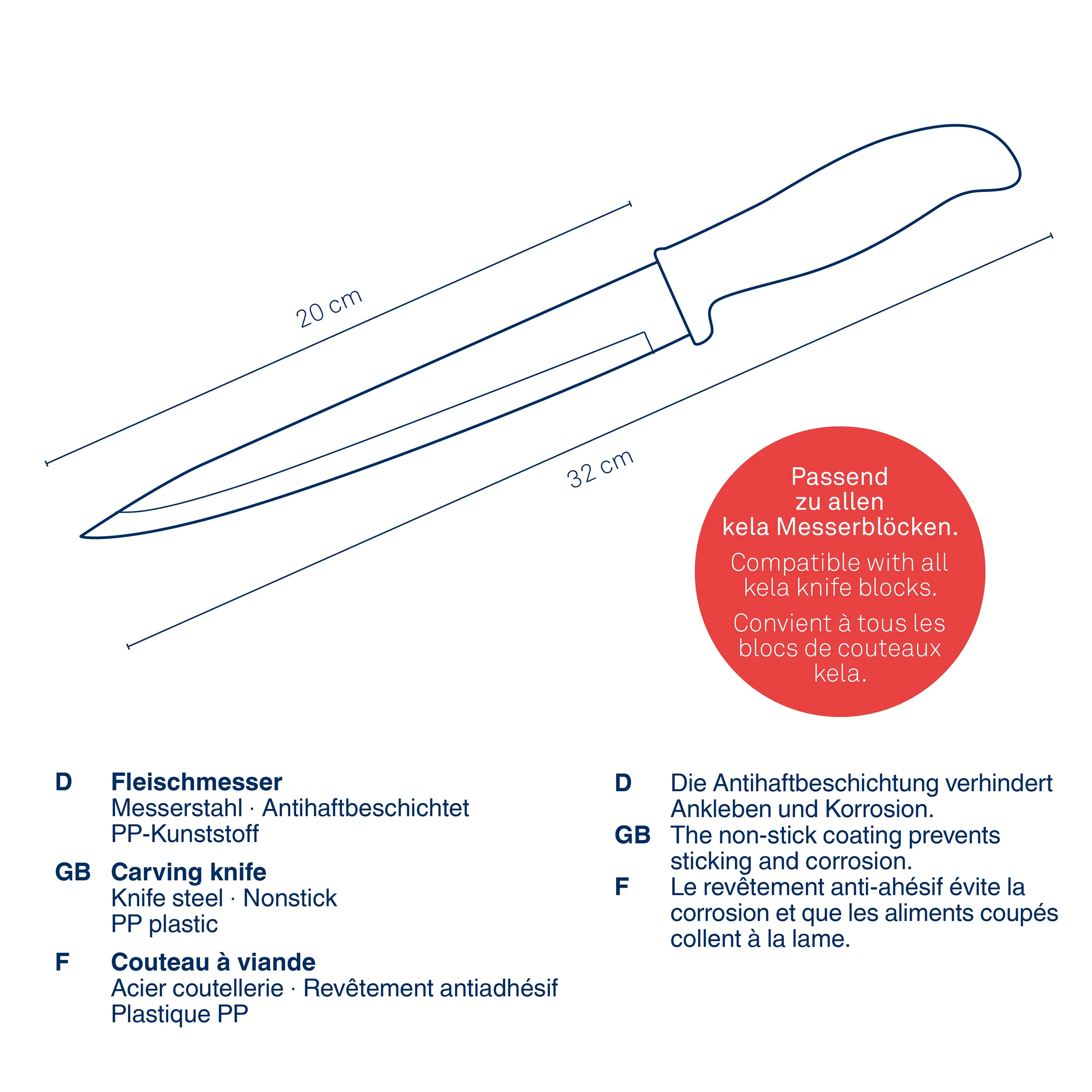 Fleischmesser mit 20 cm und 32 cm Länge, Edelstahl mit Antihaftbeschichtung und PP-Griff, kompatibel mit kela Messerblöcken