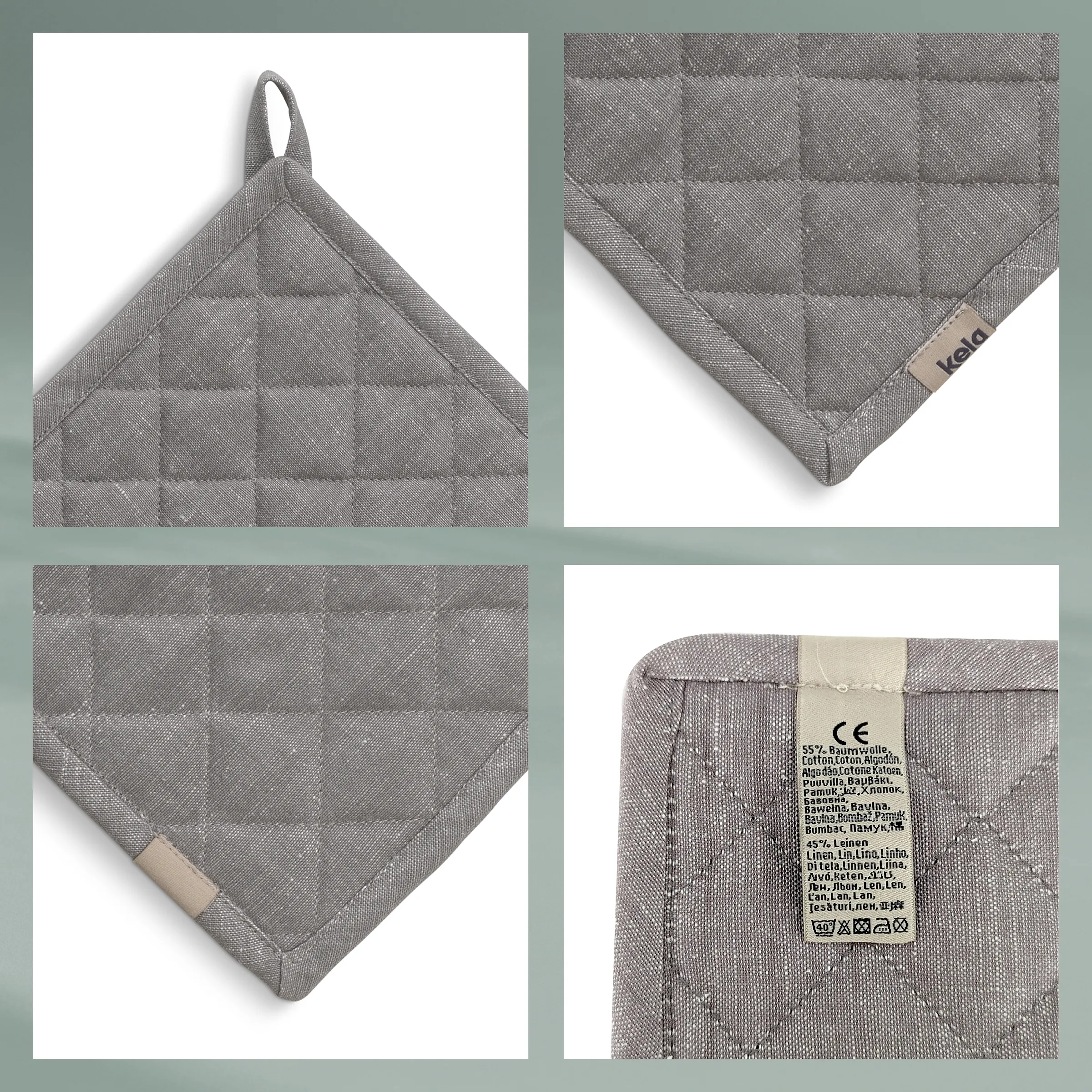Graue Topflappen aus Leinen in quadratischer Form mit Aufhängeschlaufe und Vela-Logo, Detailansichten