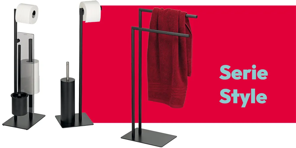 Serie Style Badaccessoires: Toilettenpapierhalter, Toilettenbürste und Handtuchständer aus schwarzem Metall