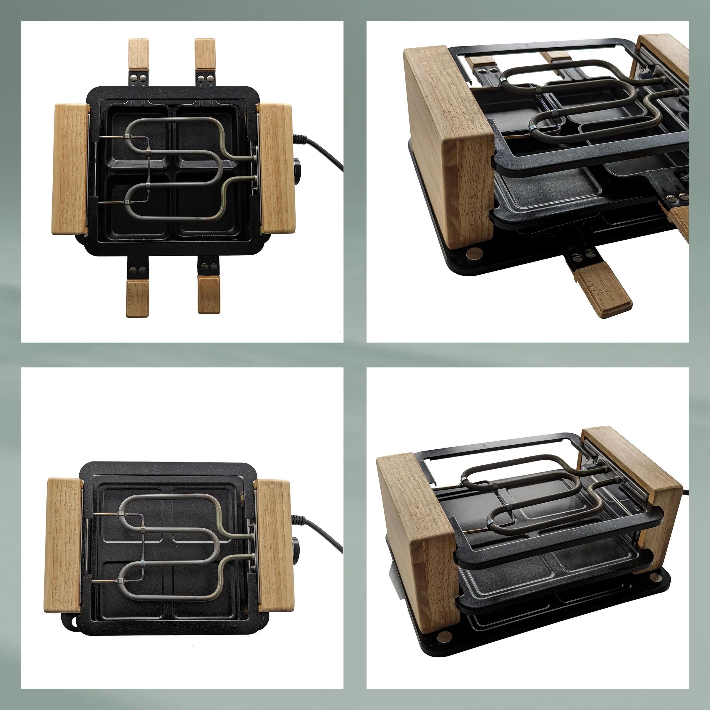 Raclette-Grill Holzgriffe Käseschmelz-Tischgrill Raclette-Grill mit Holzgriffen in vier Ansichten: Draufsicht, Seitensicht und Detailaufnahmen der Kochfläche und Pfännchen
