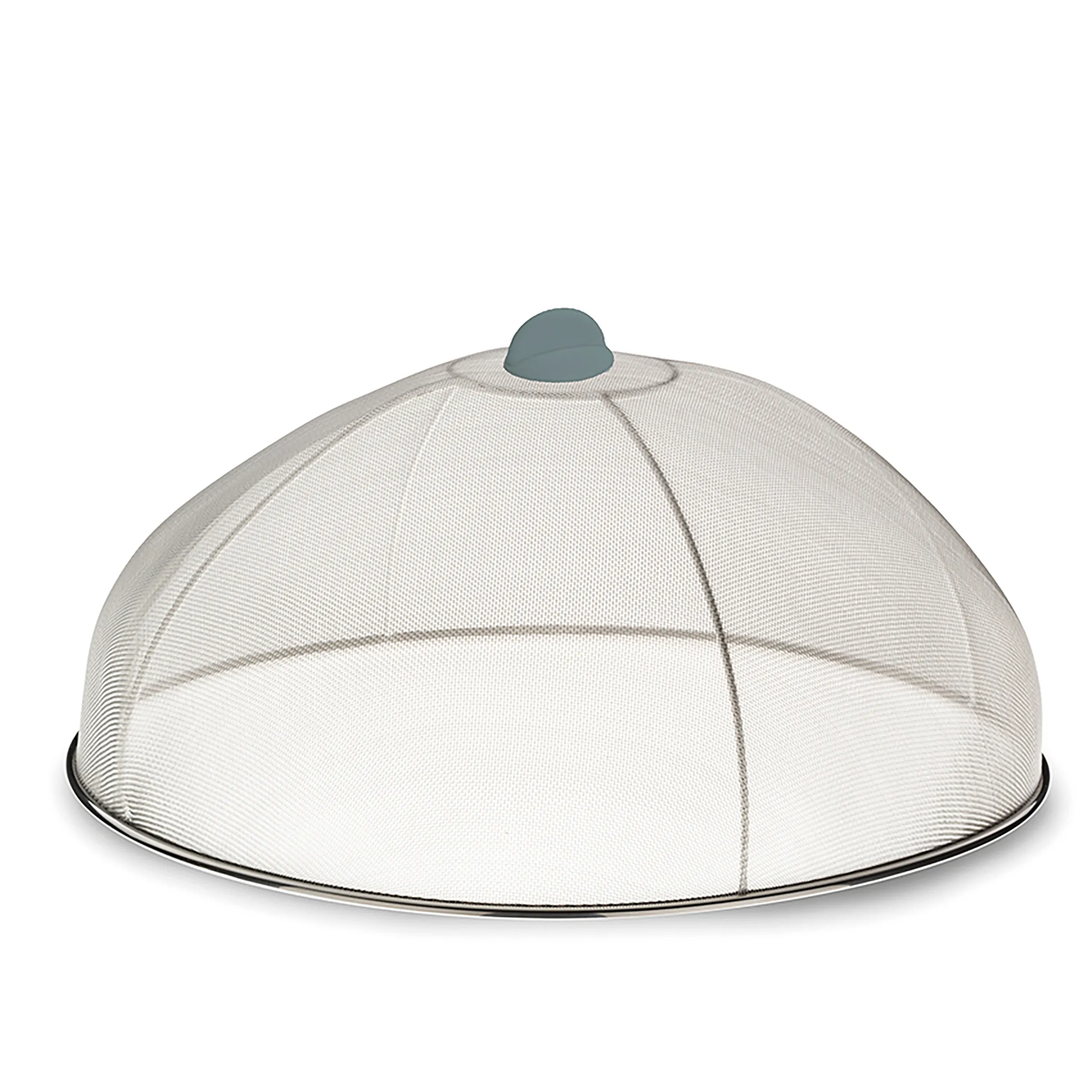 Fliegengitterhaube Netz transparent Küche Transparente Fliegengitterhaube aus feinem Netzgewebe mit grauem Knopf oben und schwarzem Metallrand.