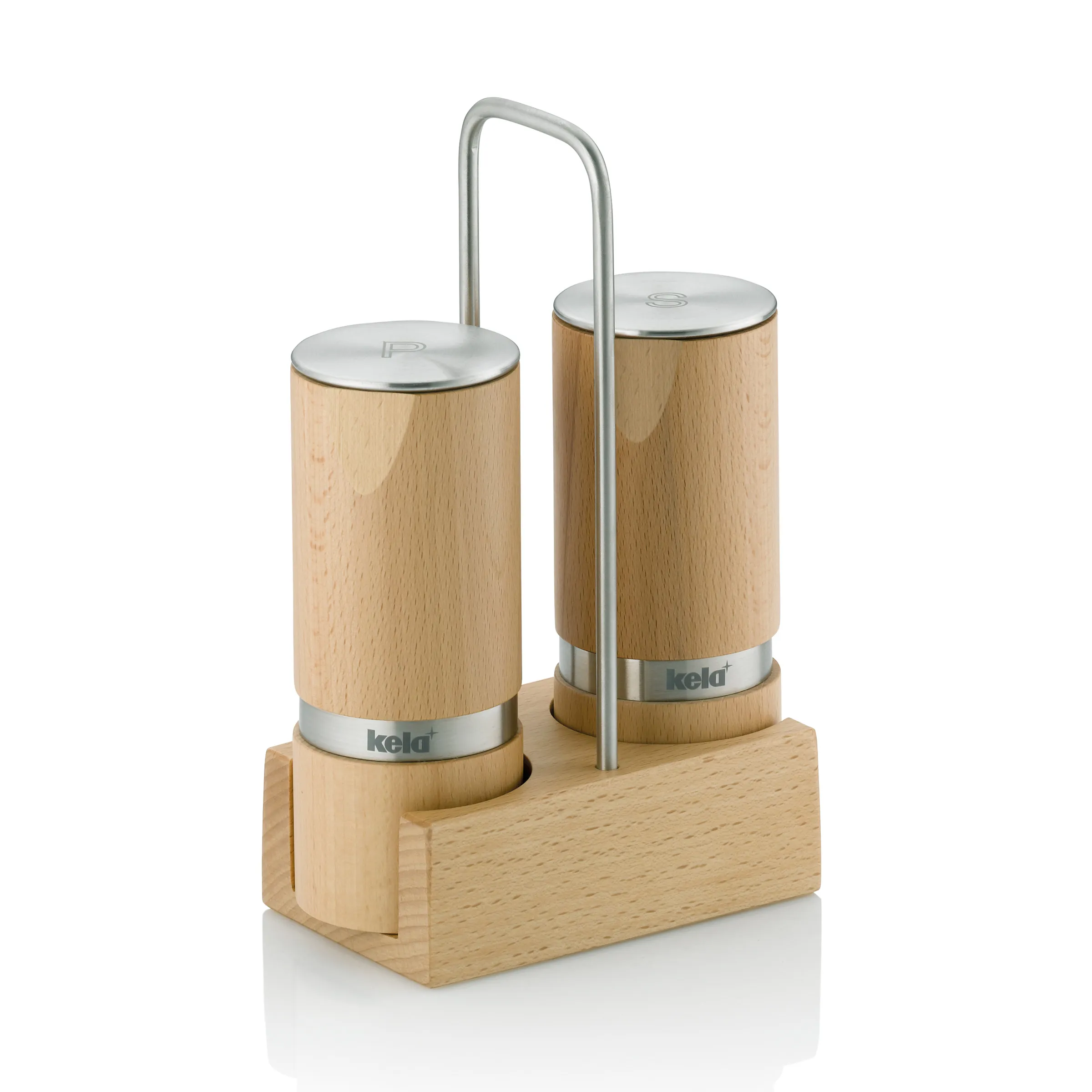Salz- und Pfeffermühlen Set Holz Kela Kela Salz- und Pfeffermühlen-Set aus Holz mit Edelstahldeckeln und Griff auf Holzständer