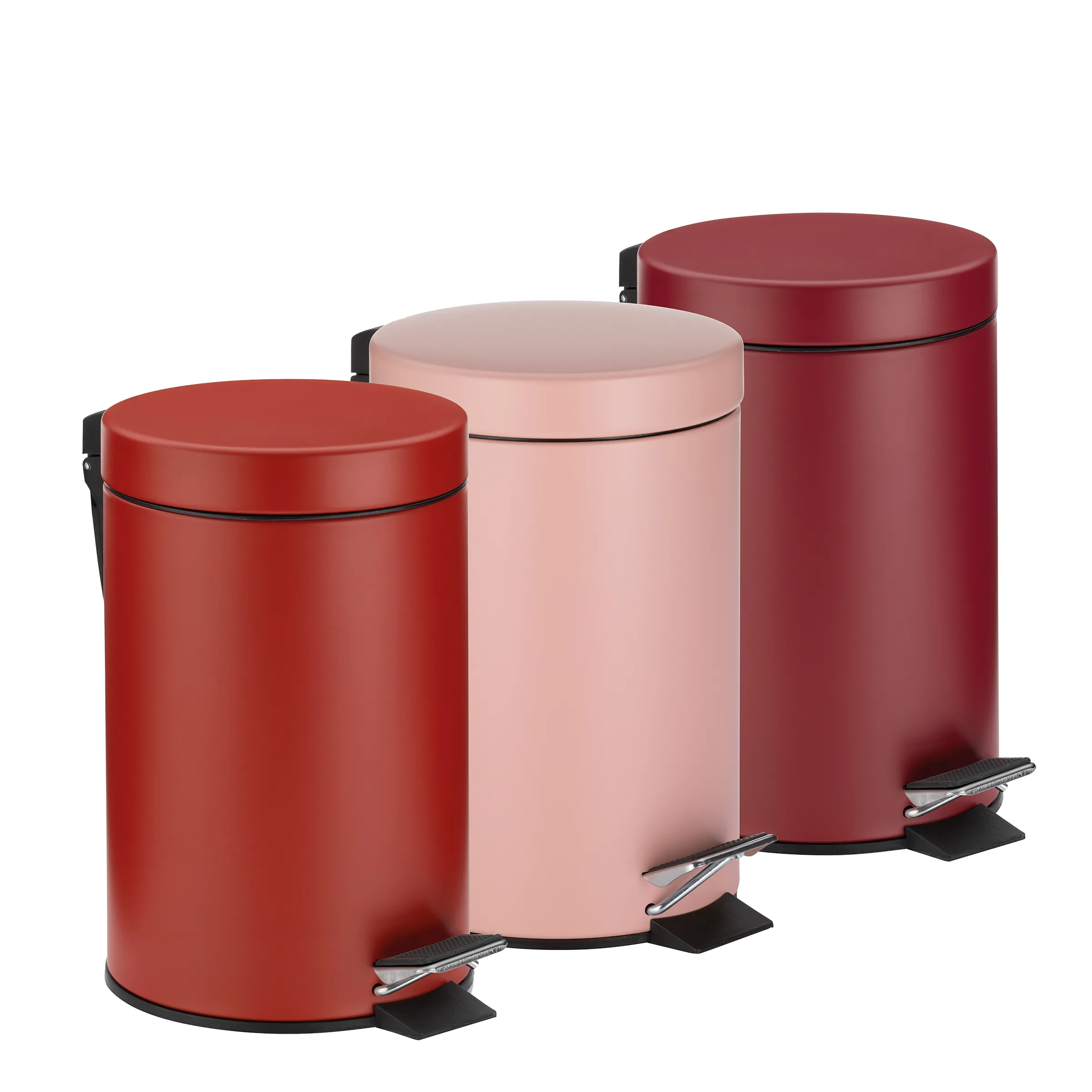 Treteimer Set Rot - Mülleimer mit Fußpedal Drei rote Treteimer in verschiedenen Farben: Rot, Rosa und Dunkelrot mit Pedalbedienung und Kunststoffdeckeln.